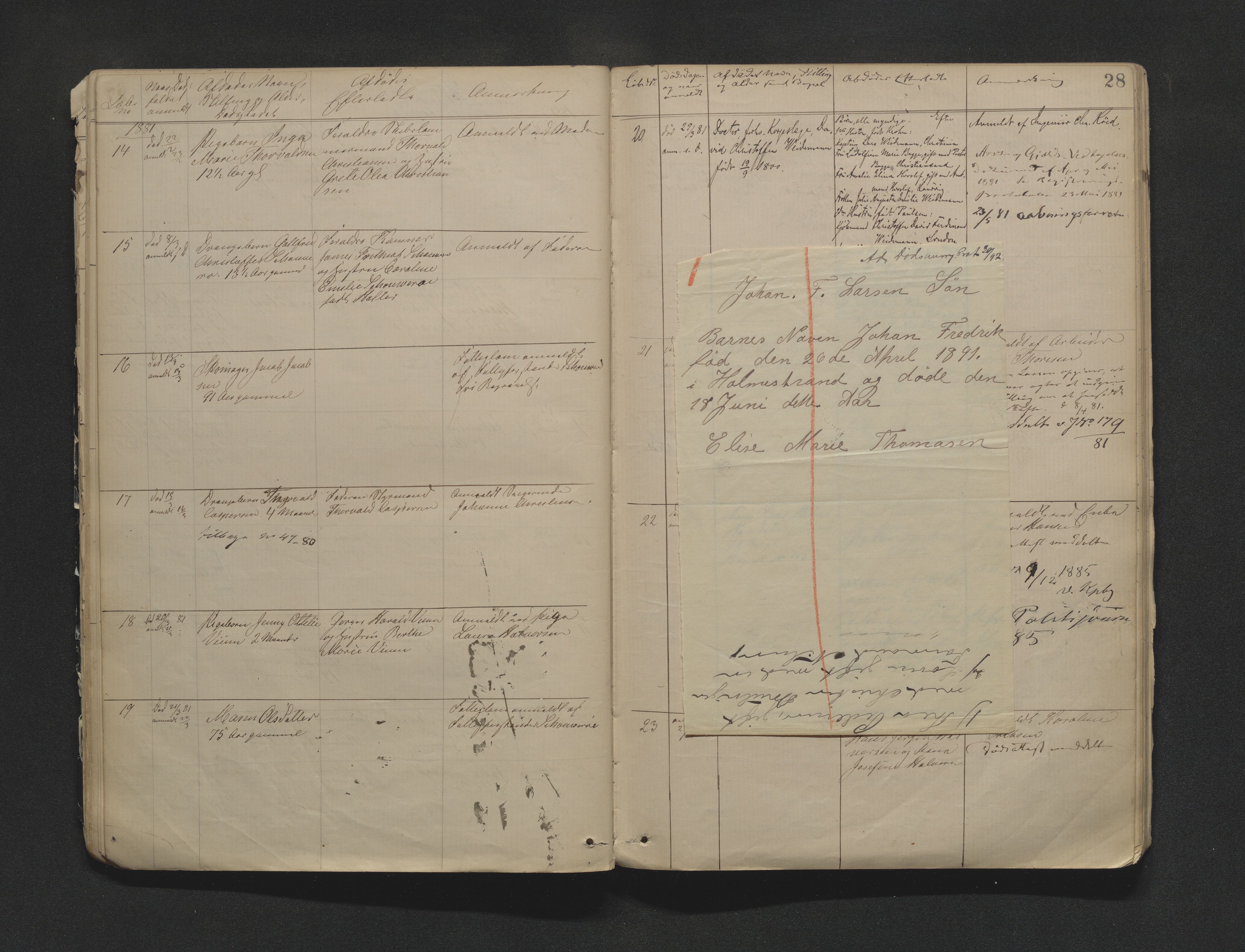 Holmestrand byfogd, AV/SAKO-A-223/H/Ha/L0002: Dødsanmeldelsesprotokoll, 1874-1892, p. 28