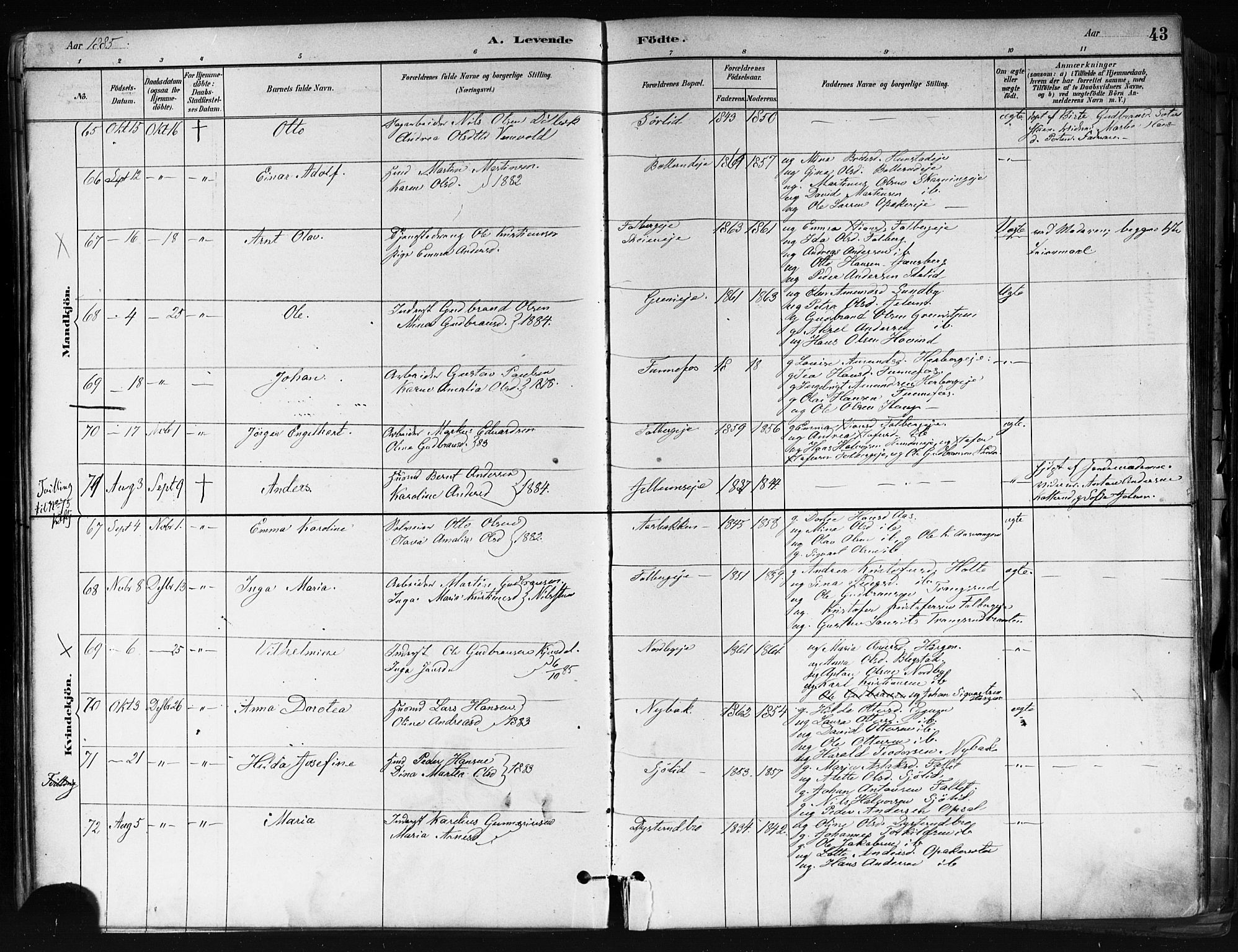 Nes prestekontor Kirkebøker, AV/SAO-A-10410/F/Fa/L0010: Parish register (official) no. I 10, 1883-1898, p. 43