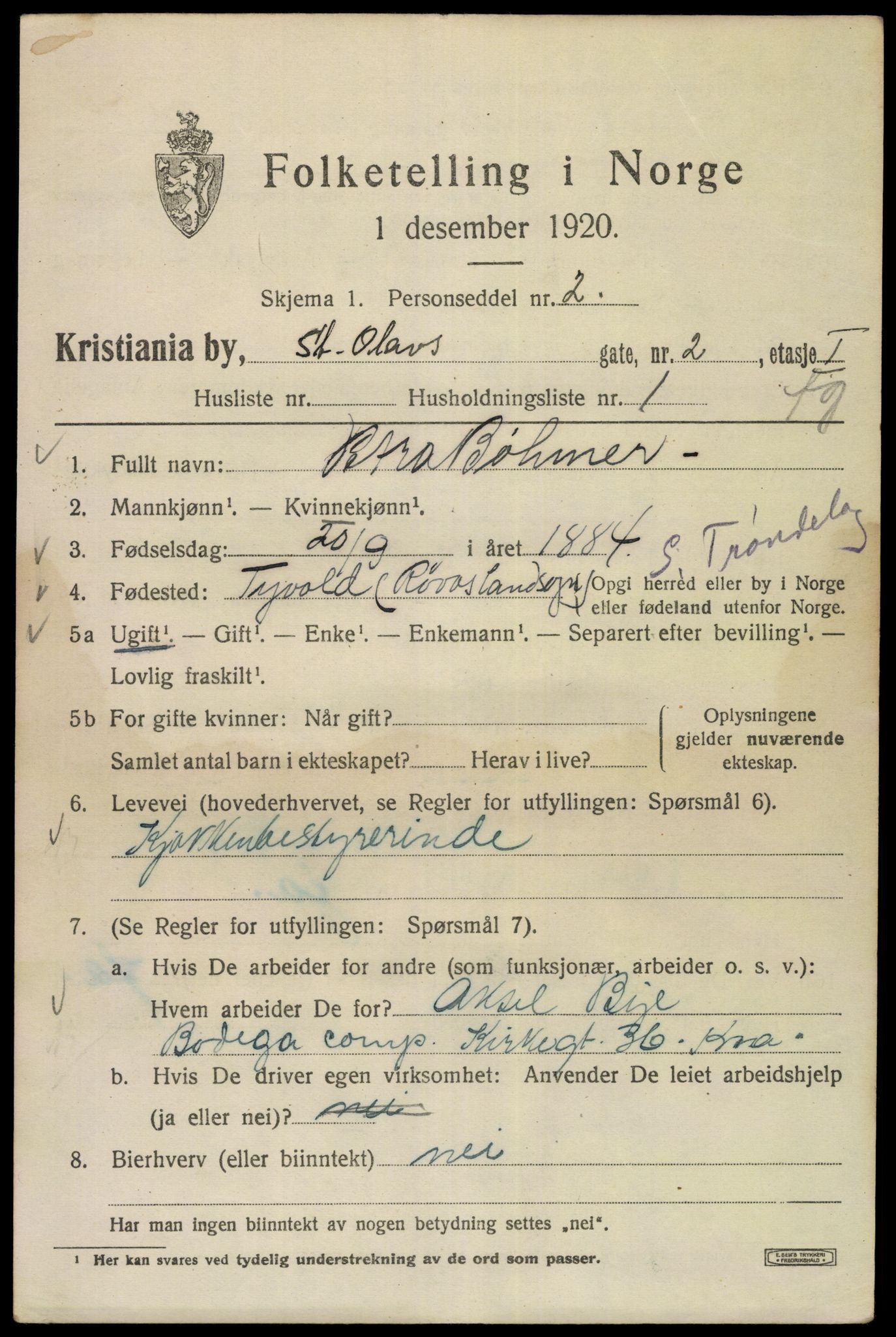 SAO, 1920 census for Kristiania, 1920, p. 534187