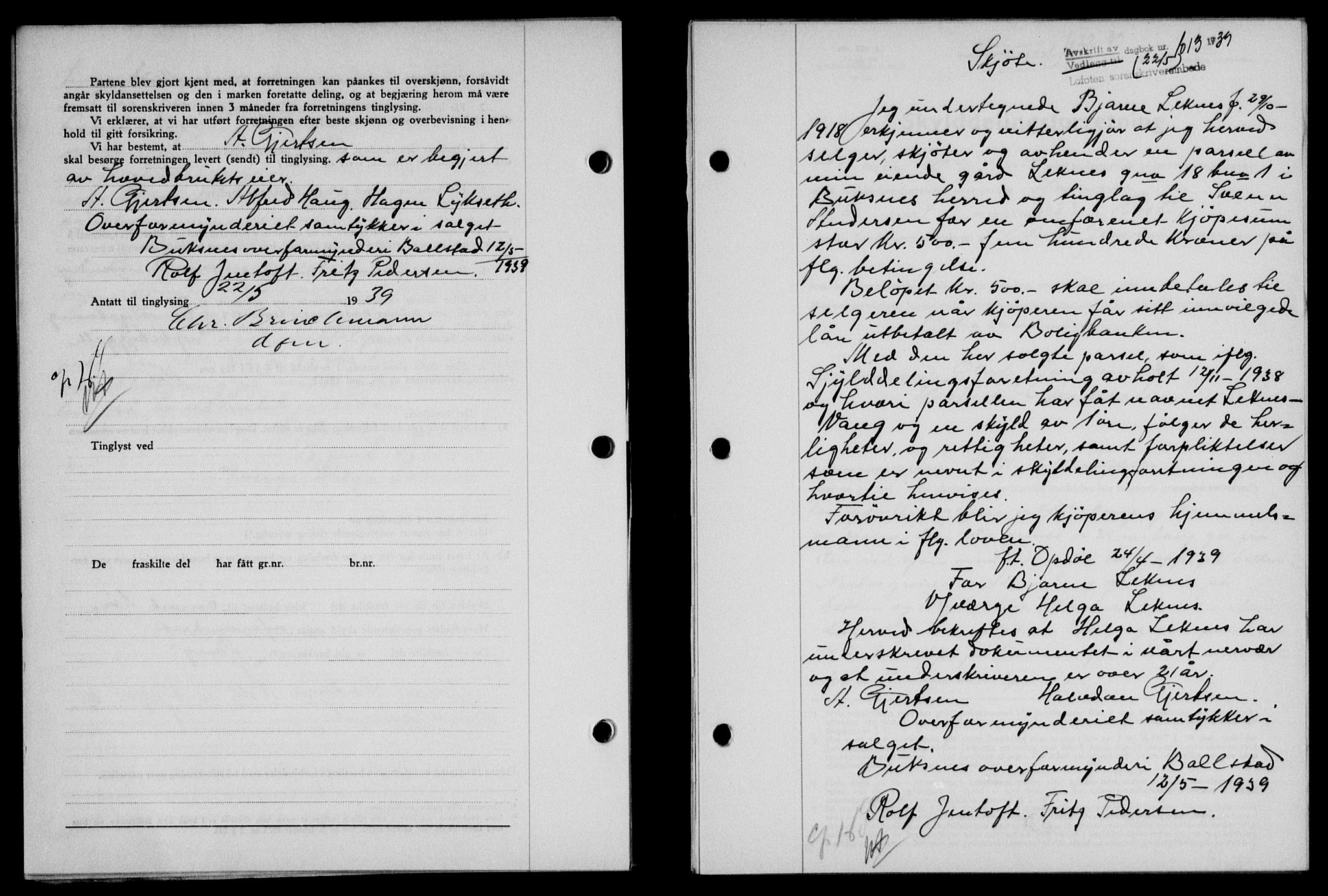 Lofoten sorenskriveri, SAT/A-0017/1/2/2C/L0005a: Mortgage book no. 5a, 1939-1939, Diary no: : 1013/1939