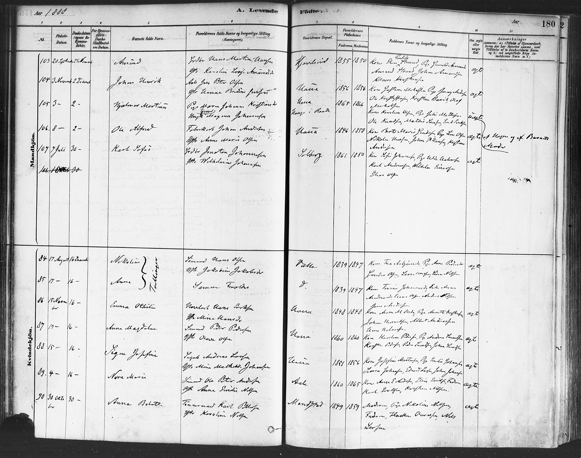 Onsøy prestekontor Kirkebøker, SAO/A-10914/F/Fa/L0005: Parish register (official) no. I 5, 1878-1898, p. 180
