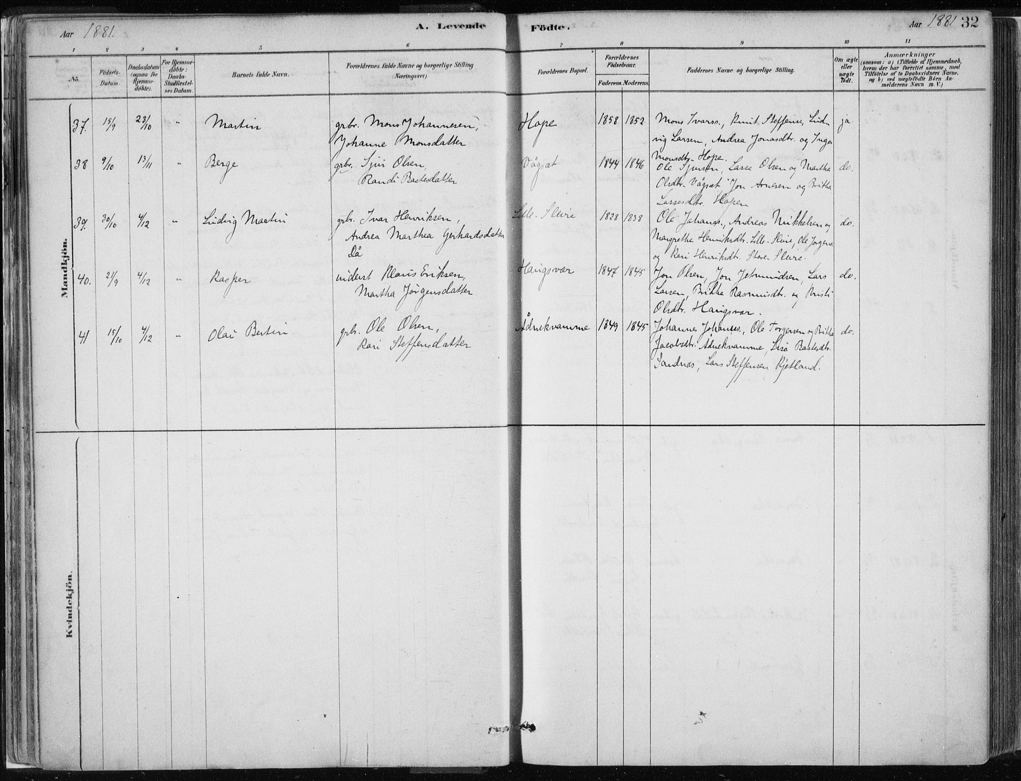 Masfjorden Sokneprestembete, SAB/A-77001: Parish register (official) no. B  1, 1876-1899, p. 32
