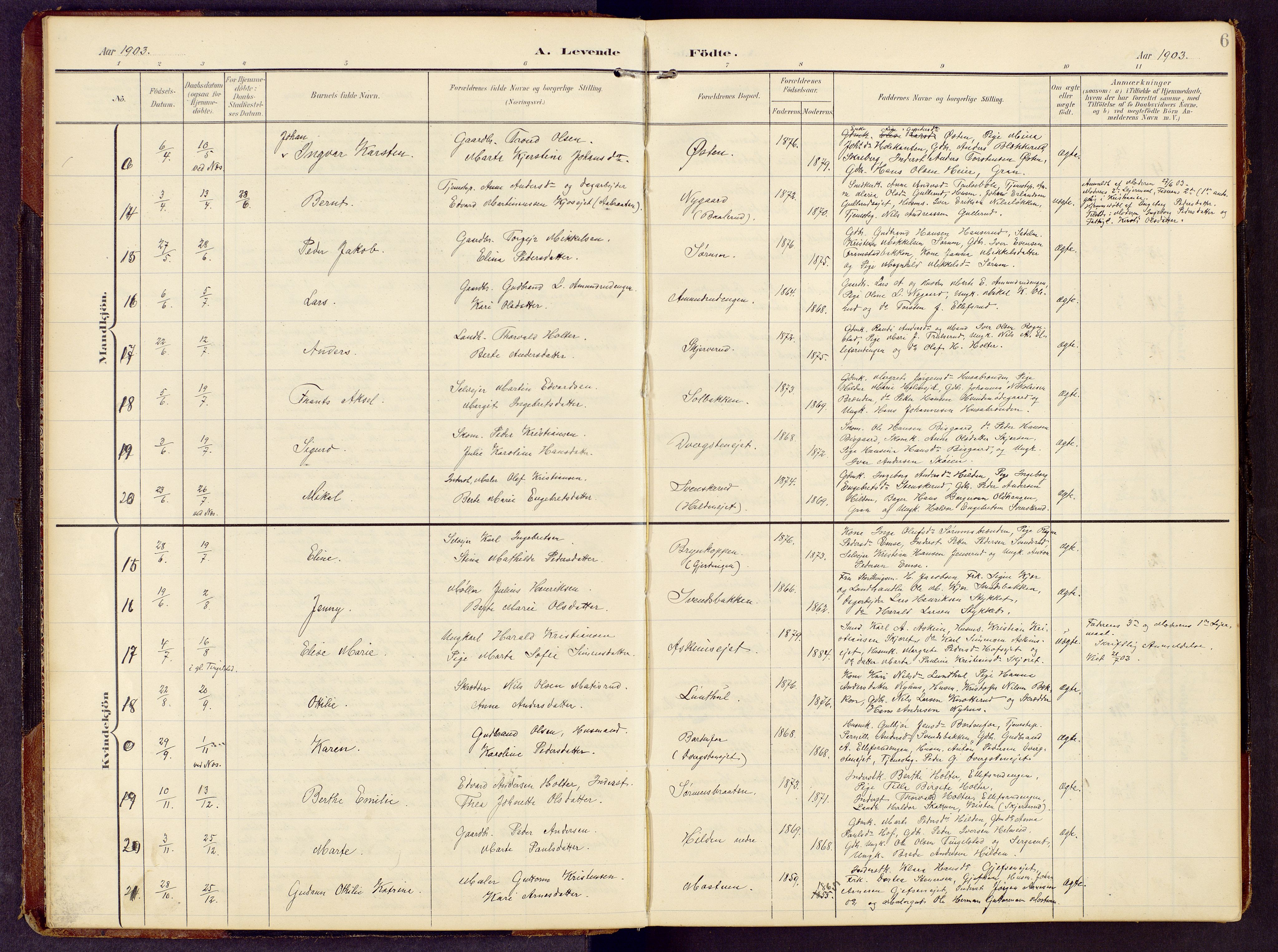 Brandbu prestekontor, SAH/PREST-114/H/Ha/Hab/L0009: Parish register (copy) no. 9, 1903-1916, p. 6