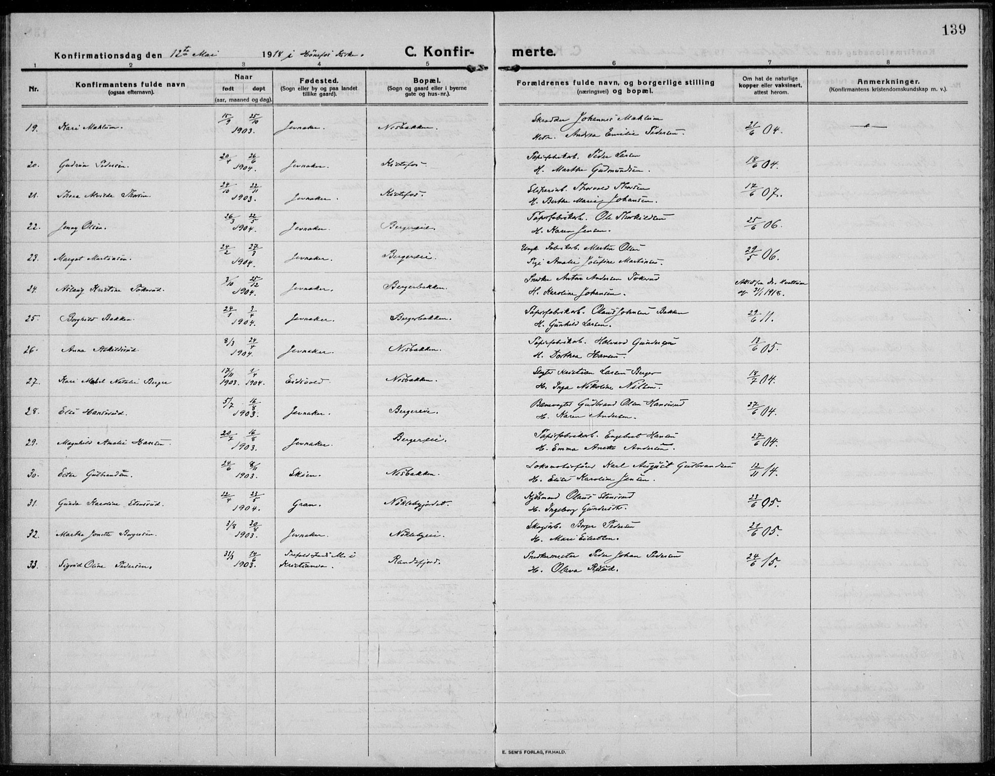 Jevnaker prestekontor, SAH/PREST-116/H/Ha/Haa/L0012: Parish register (official) no. 12, 1914-1924, p. 139