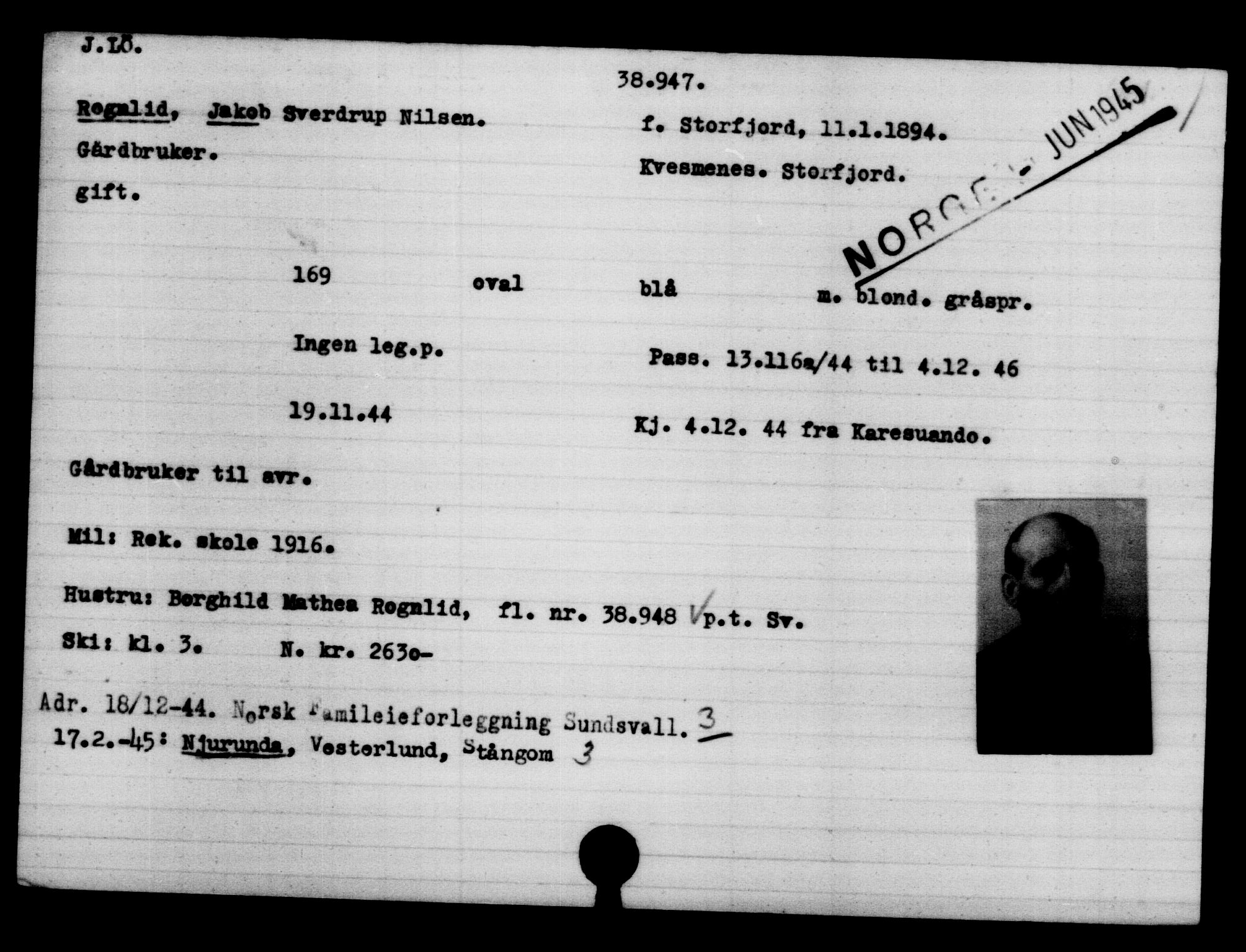 Utenriksstasjonene, Legasjonen i Stockholm, Flyktningkontoret, AV/RA-S-6753/V/Va/L0015: Kjesäterkartoteket, flyktninger med registreringsnr. 37800-40770, 1940-1945, p. 1179