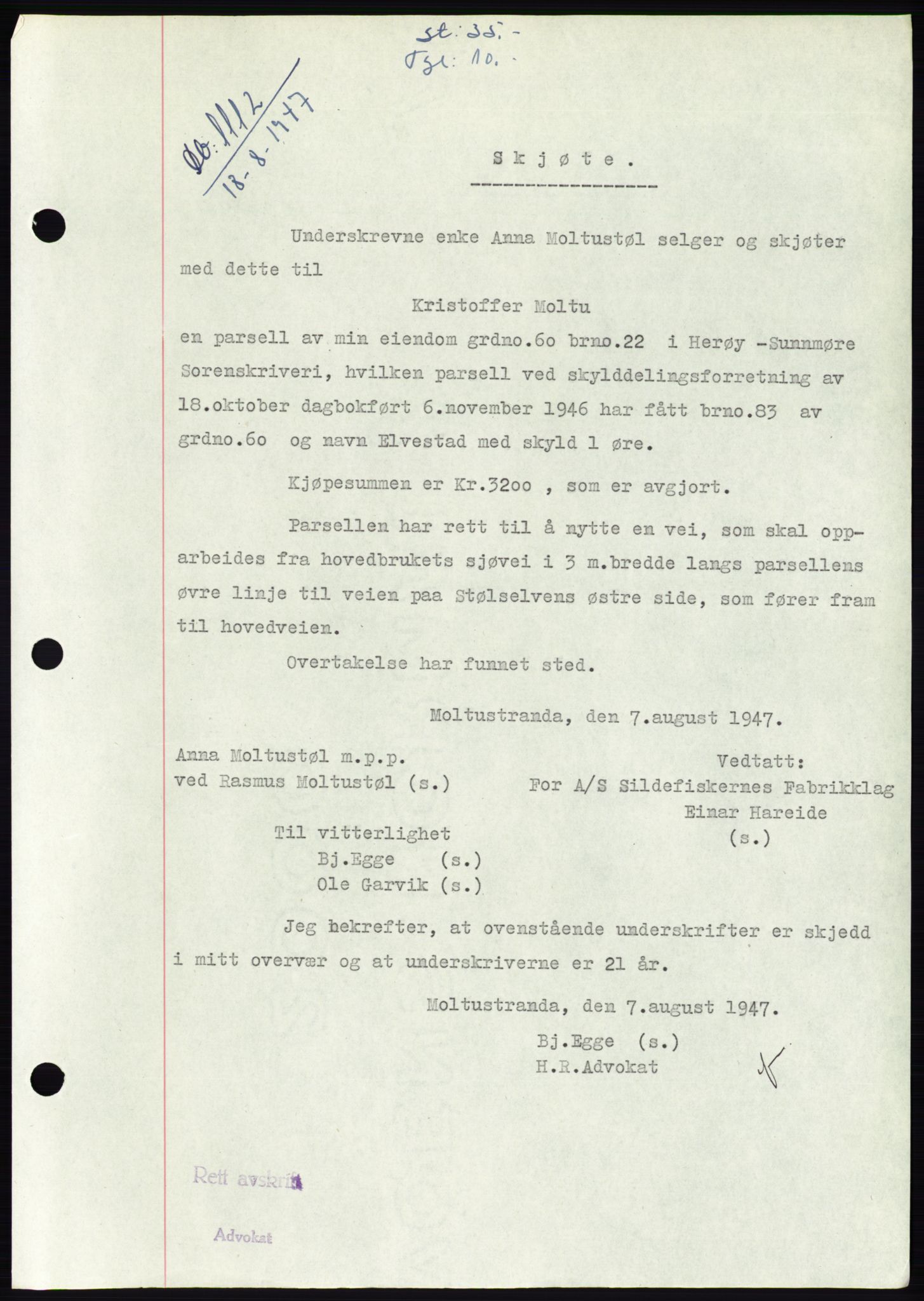 Søre Sunnmøre sorenskriveri, AV/SAT-A-4122/1/2/2C/L0081: Mortgage book no. 7A, 1947-1948, Diary no: : 1112/1947