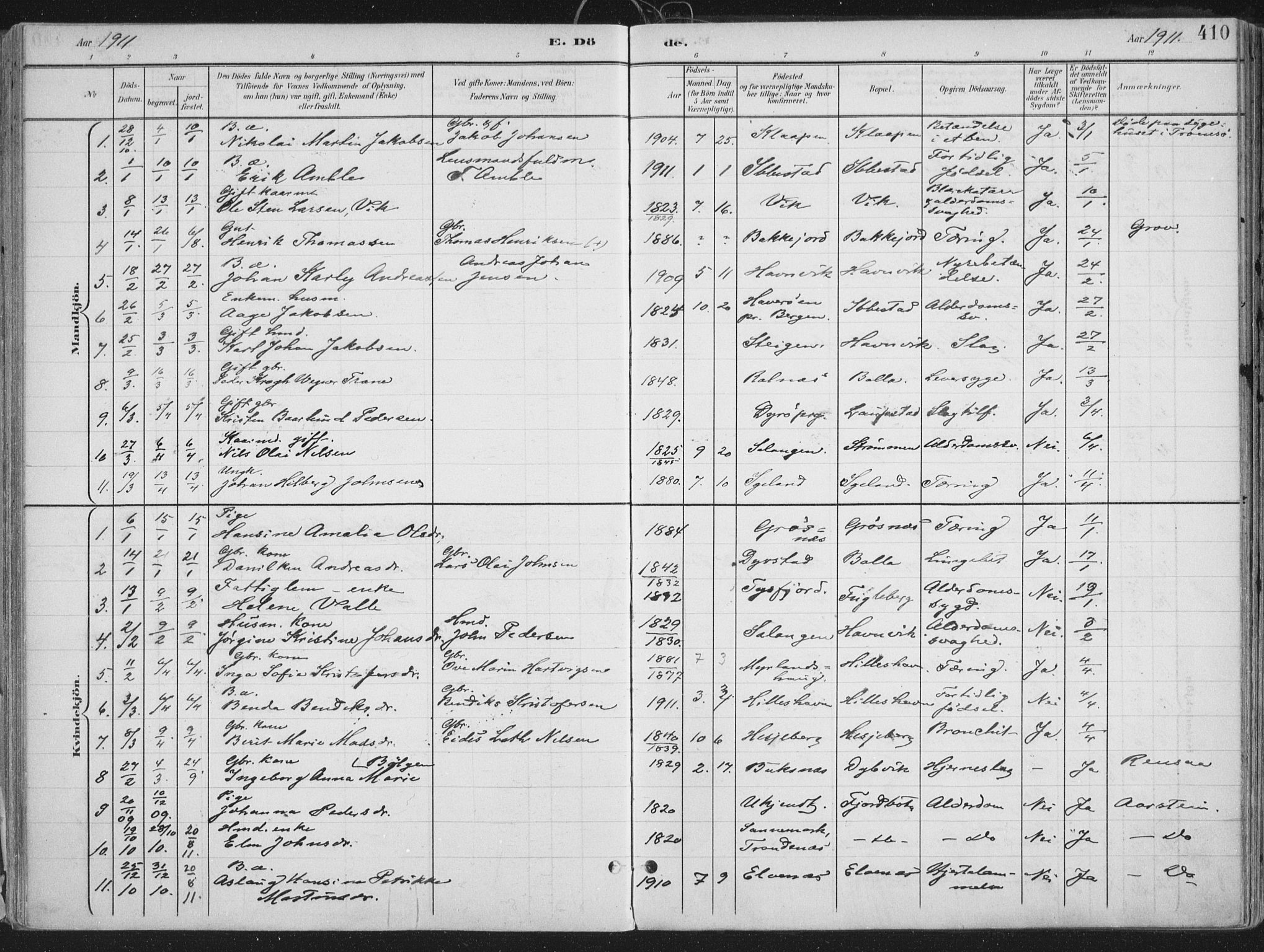 Ibestad sokneprestembete, SATØ/S-0077/H/Ha/Haa/L0017kirke: Parish register (official) no. 17, 1901-1914, p. 410
