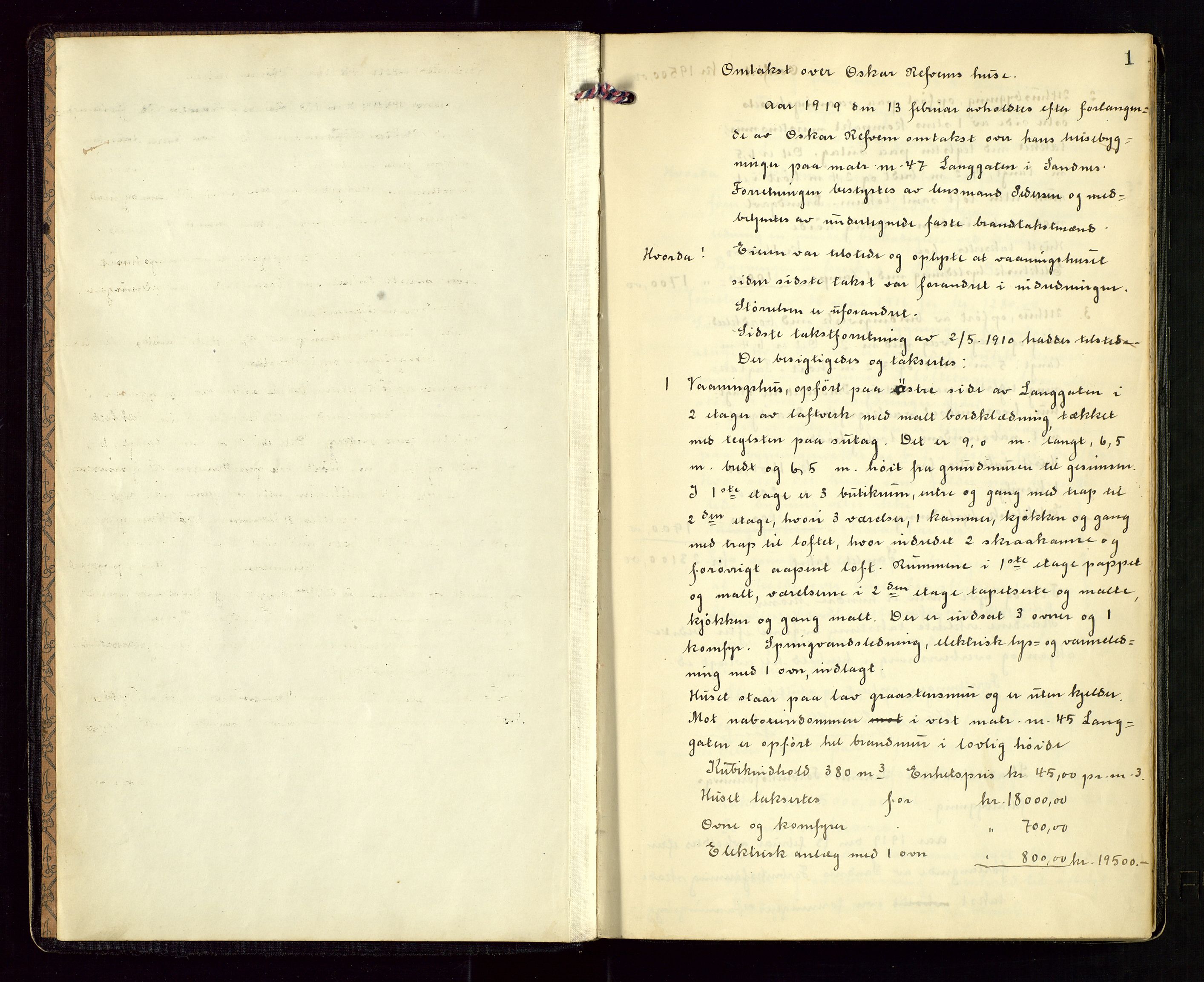 Sandnes lensmannskontor, AV/SAST-A-100167/Goa/L0002: "Brandtakstprotokol", 1919-1924, p. 1