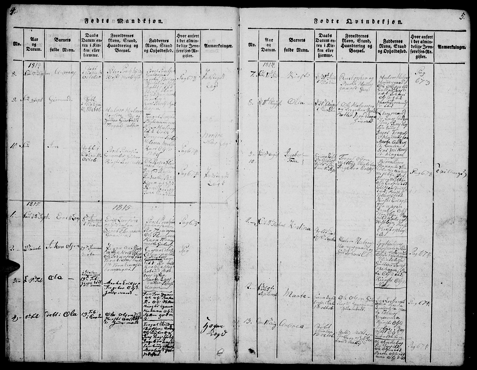 Trysil prestekontor, AV/SAH-PREST-046/H/Ha/Hab/L0004: Parish register (copy) no. 4, 1814-1841, p. 4-5