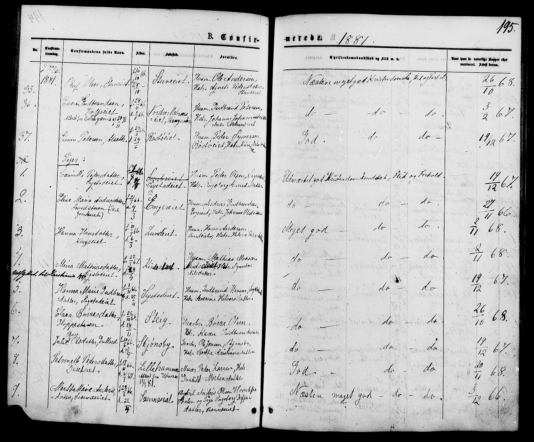 Biri prestekontor, AV/SAH-PREST-096/H/Ha/Haa/L0006: Parish register (official) no. 6, 1877-1886, p. 195