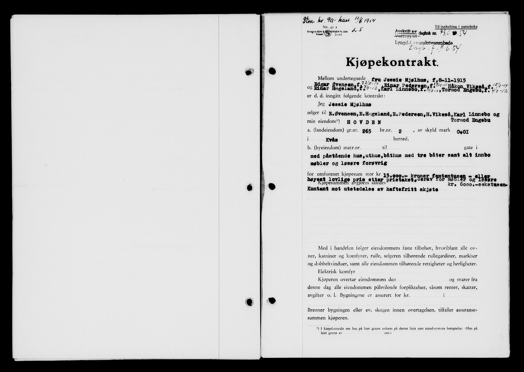 Lyngdal sorenskriveri, AV/SAK-1221-0004/G/Gb/L0670: Mortgage book no. A XVI, 1954-1954, Diary no: : 480/1954