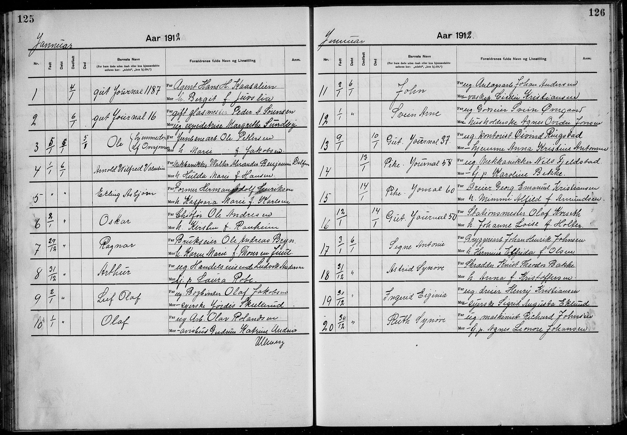 Rikshospitalet prestekontor Kirkebøker, SAO/A-10309b/K/L0007/0001: Baptism register no. 7.1, 1910-1912, p. 125-126