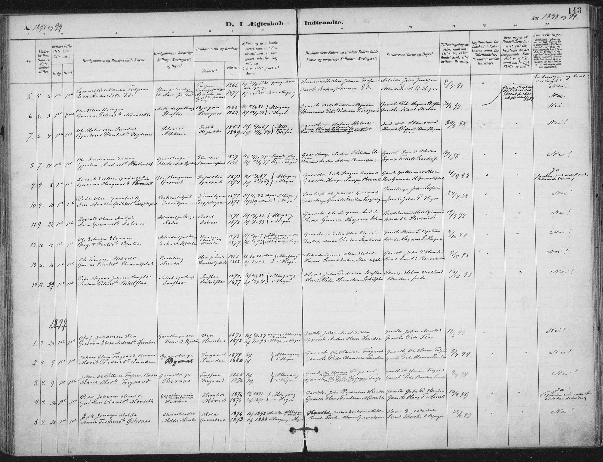 Ministerialprotokoller, klokkerbøker og fødselsregistre - Nord-Trøndelag, SAT/A-1458/703/L0031: Parish register (official) no. 703A04, 1893-1914, p. 143
