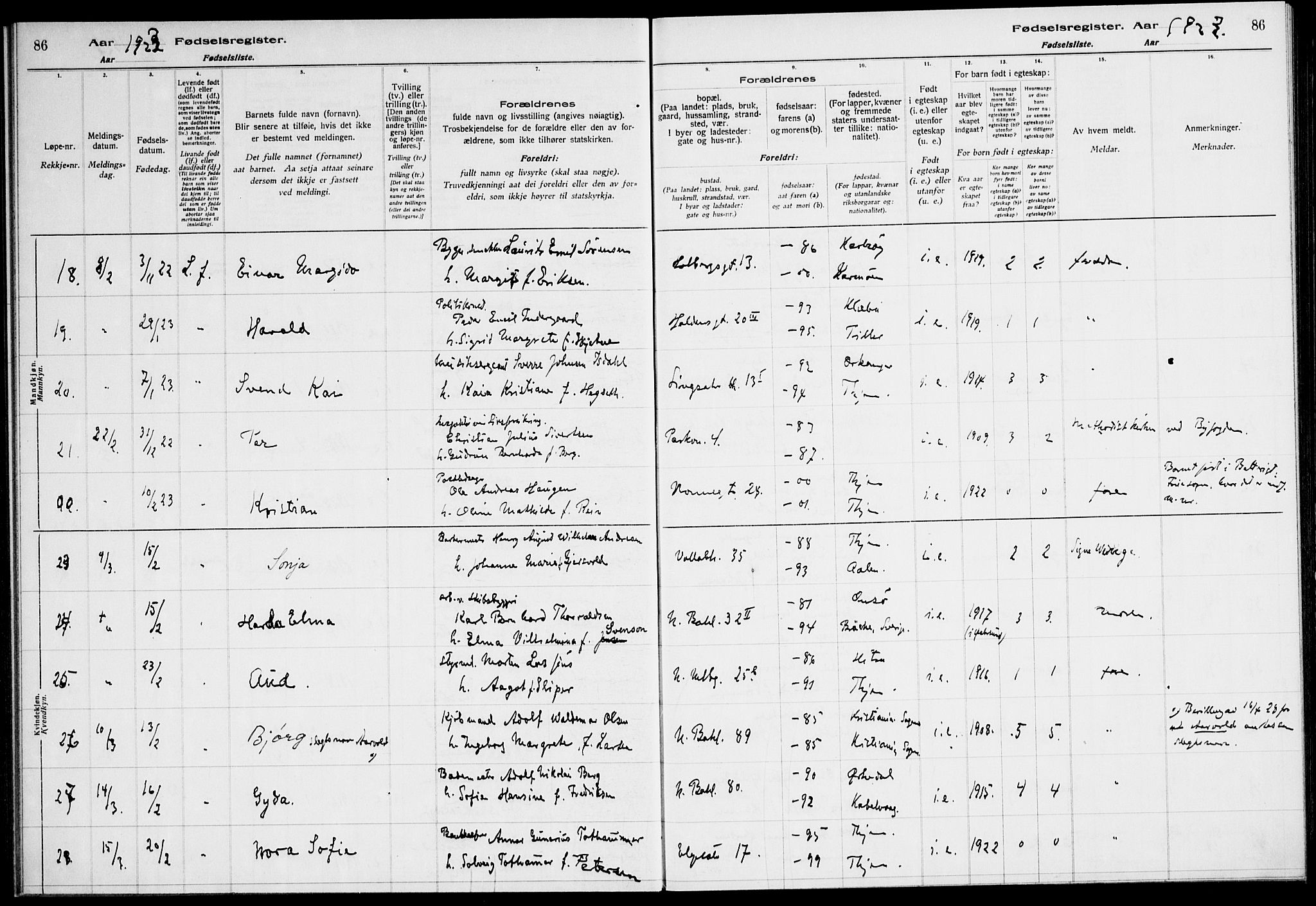 Ministerialprotokoller, klokkerbøker og fødselsregistre - Sør-Trøndelag, AV/SAT-A-1456/604/L0233: Birth register no. 604.II.4.2, 1920-1928, p. 86