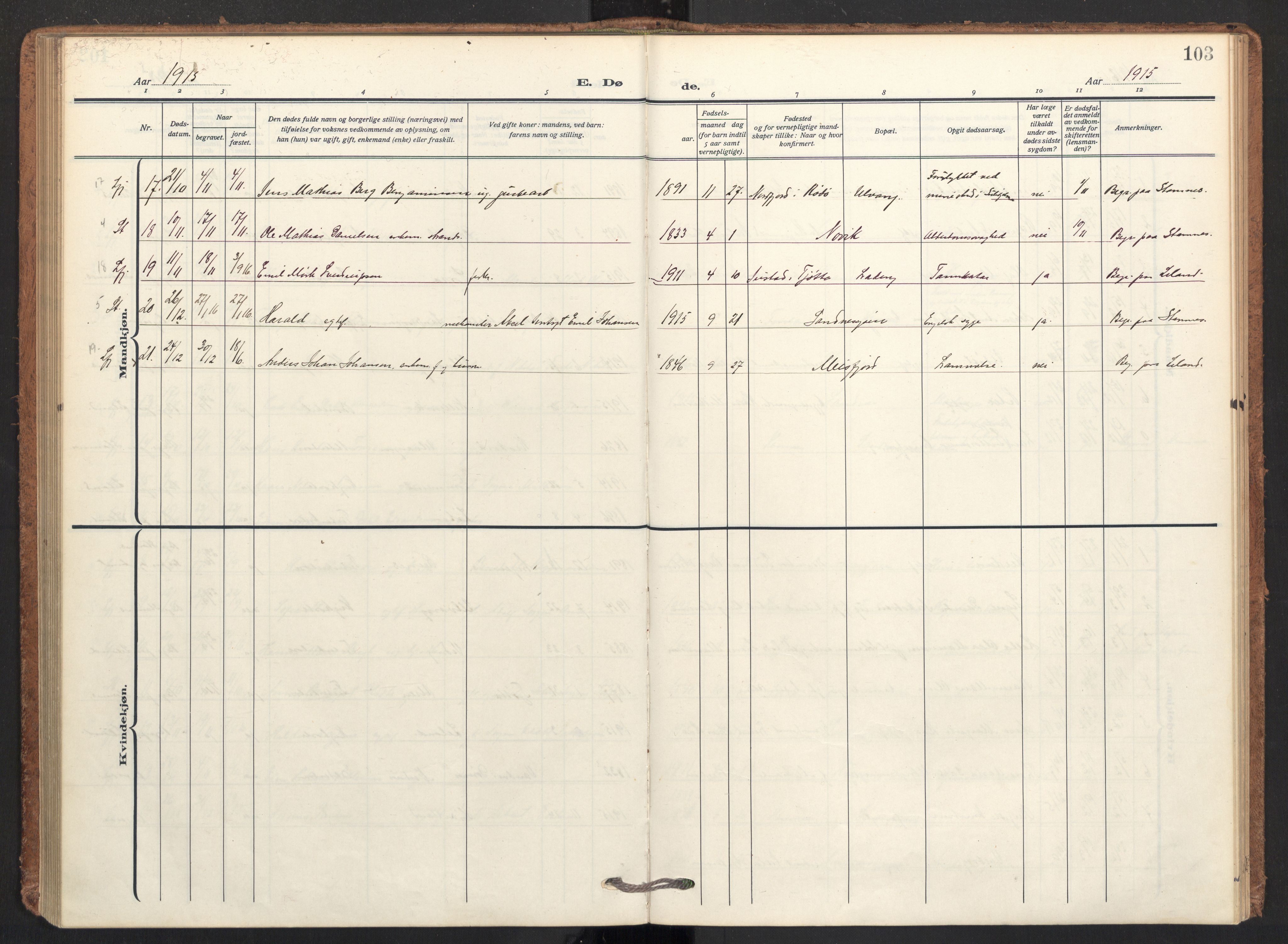 Ministerialprotokoller, klokkerbøker og fødselsregistre - Nordland, AV/SAT-A-1459/831/L0473: Parish register (official) no. 831A04, 1909-1934, p. 103