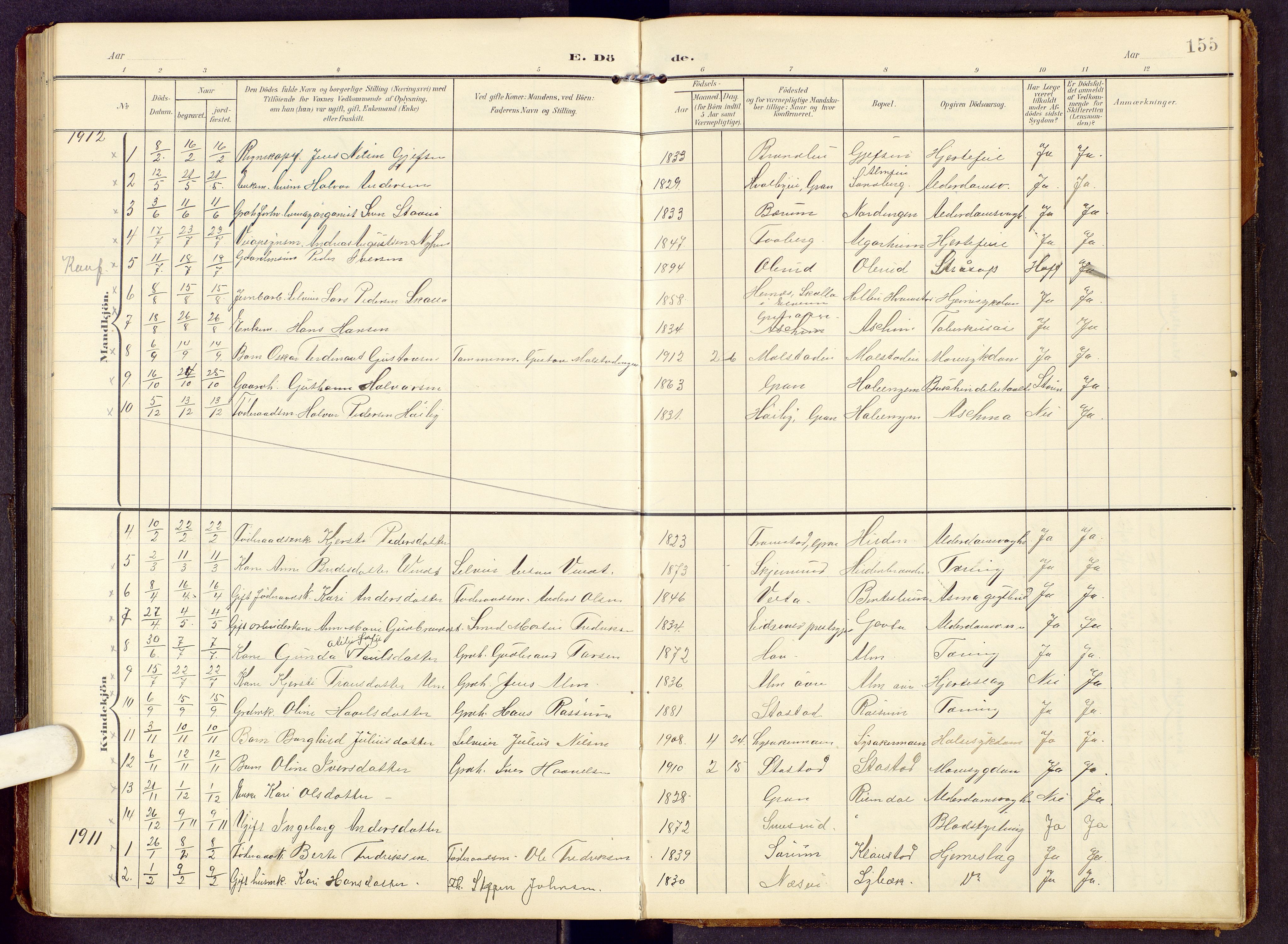 Brandbu prestekontor, SAH/PREST-114/H/Ha/Hab/L0009: Parish register (copy) no. 9, 1903-1916, p. 155