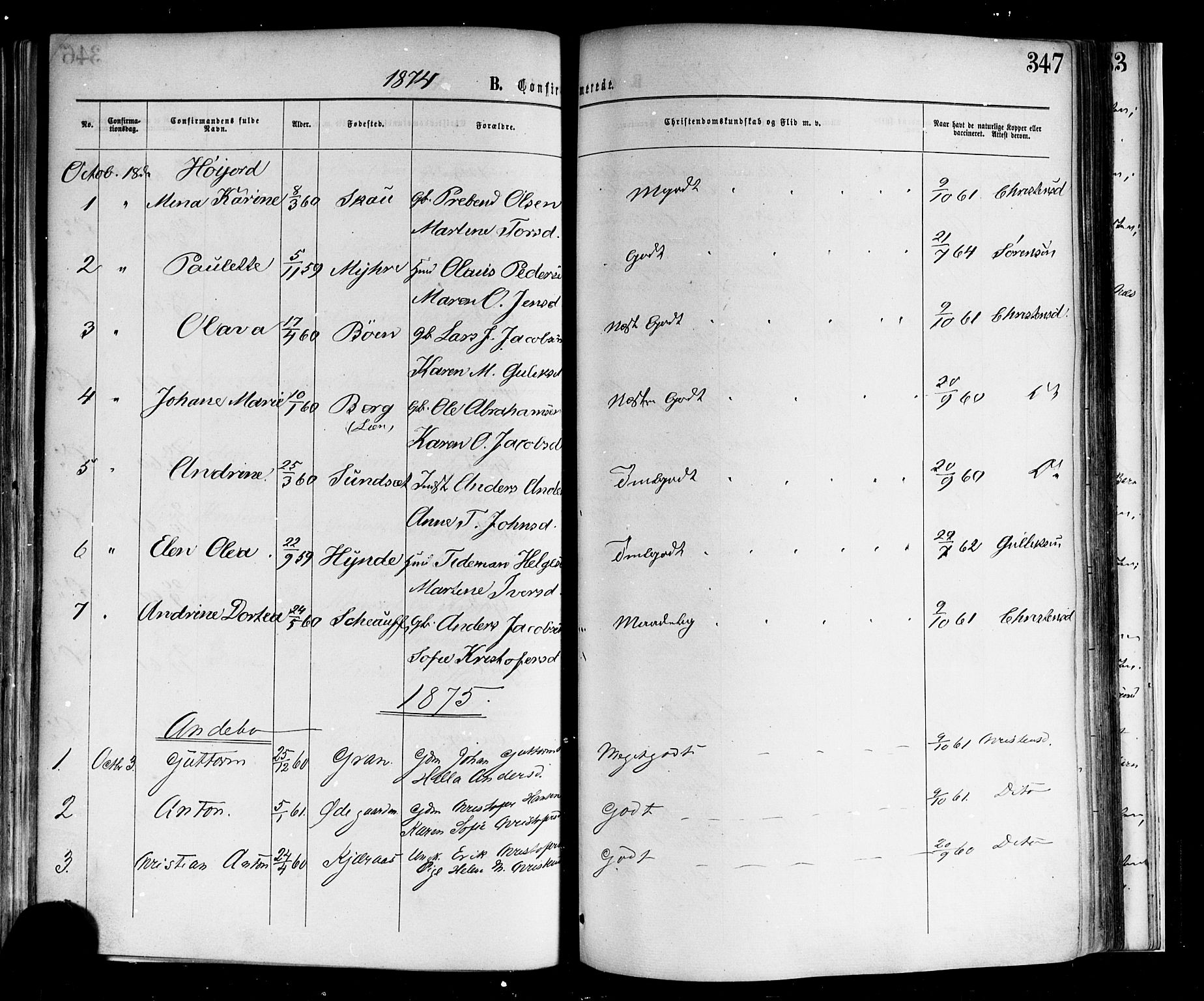 Andebu kirkebøker, SAKO/A-336/F/Fa/L0006: Parish register (official) no. 6, 1871-1878, p. 347