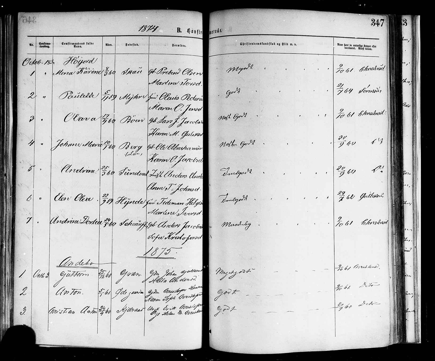 Andebu kirkebøker, AV/SAKO-A-336/F/Fa/L0006: Parish register (official) no. I 6, 1871-1878, p. 347