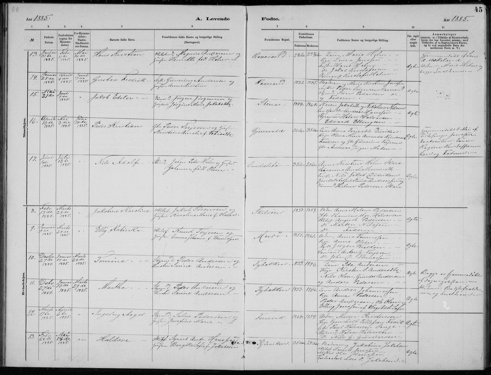 Tromøy sokneprestkontor, AV/SAK-1111-0041/F/Fb/L0005: Parish register (copy) no. B 5, 1877-1891, p. 45