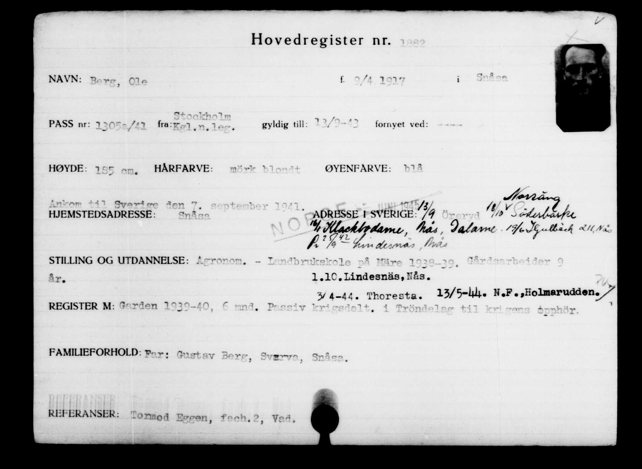 Utenriksstasjonene, Legasjonen i Stockholm, Flyktningkontoret, AV/RA-S-6753/V/Va/L0002: Kjesäterkartoteket, flyktninger med registreringsnr. 1001-2000, 1940-1945, p. 1257