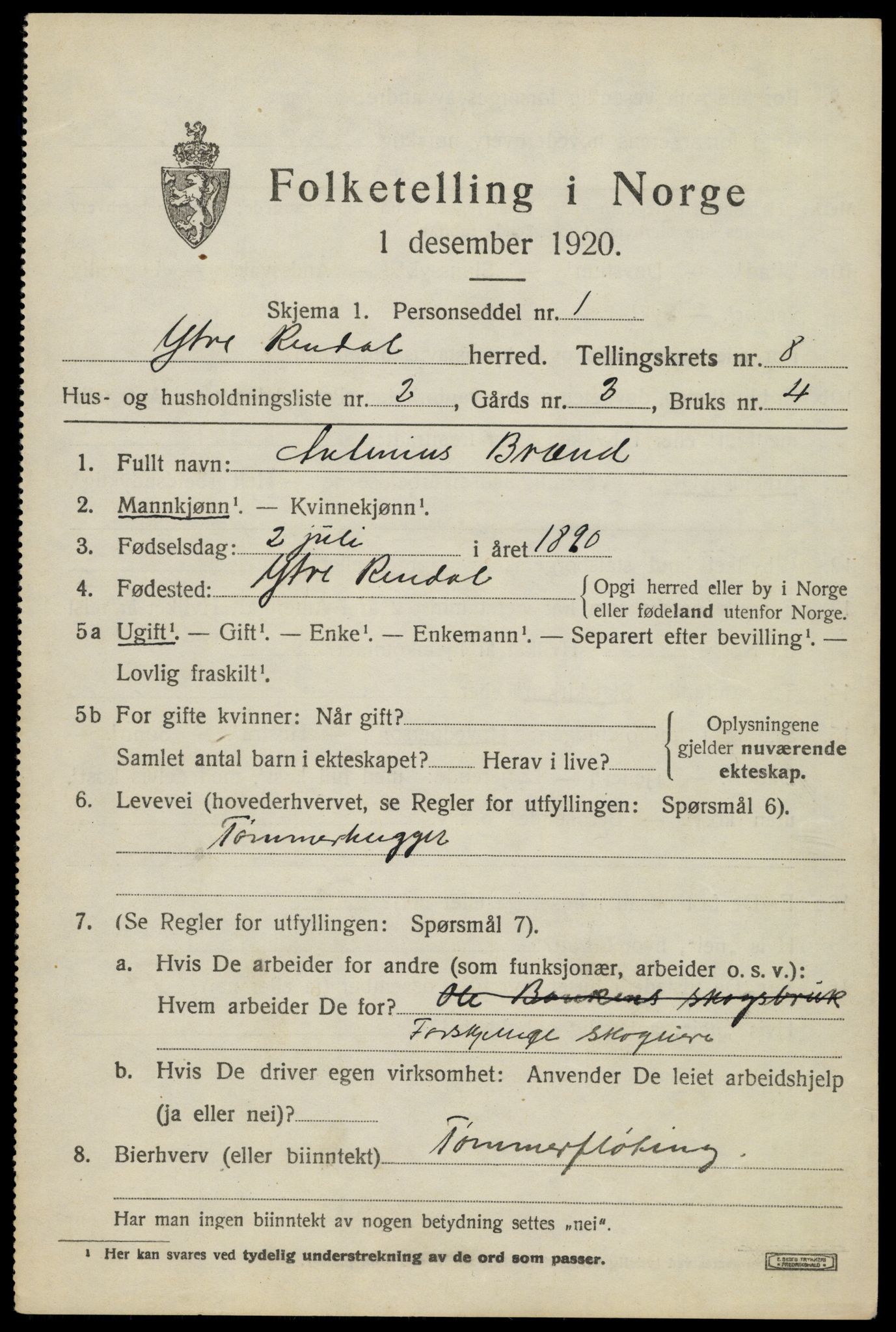 SAH, 1920 census for Ytre Rendal, 1920, p. 3923