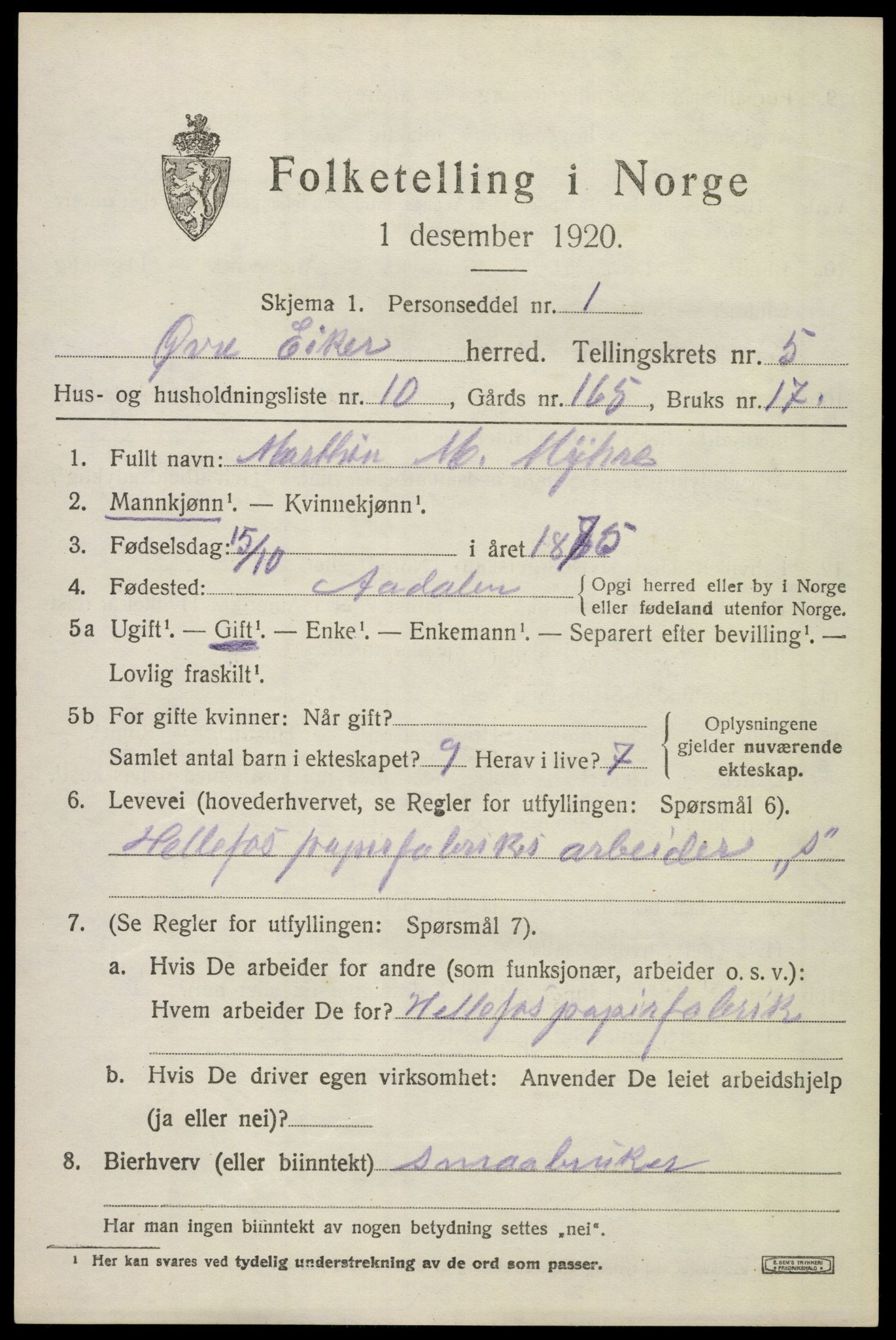 SAKO, 1920 census for Øvre Eiker, 1920, p. 12122