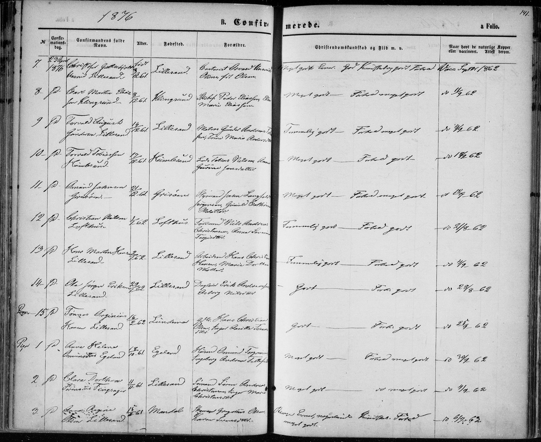 Vestre Moland sokneprestkontor, AV/SAK-1111-0046/F/Fa/Fab/L0008: Parish register (official) no. A 8, 1873-1883, p. 141