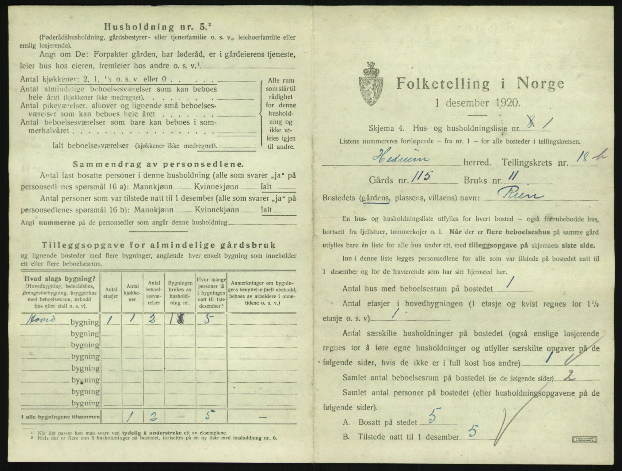 SAKO, 1920 census for Hedrum, 1920, p. 1609