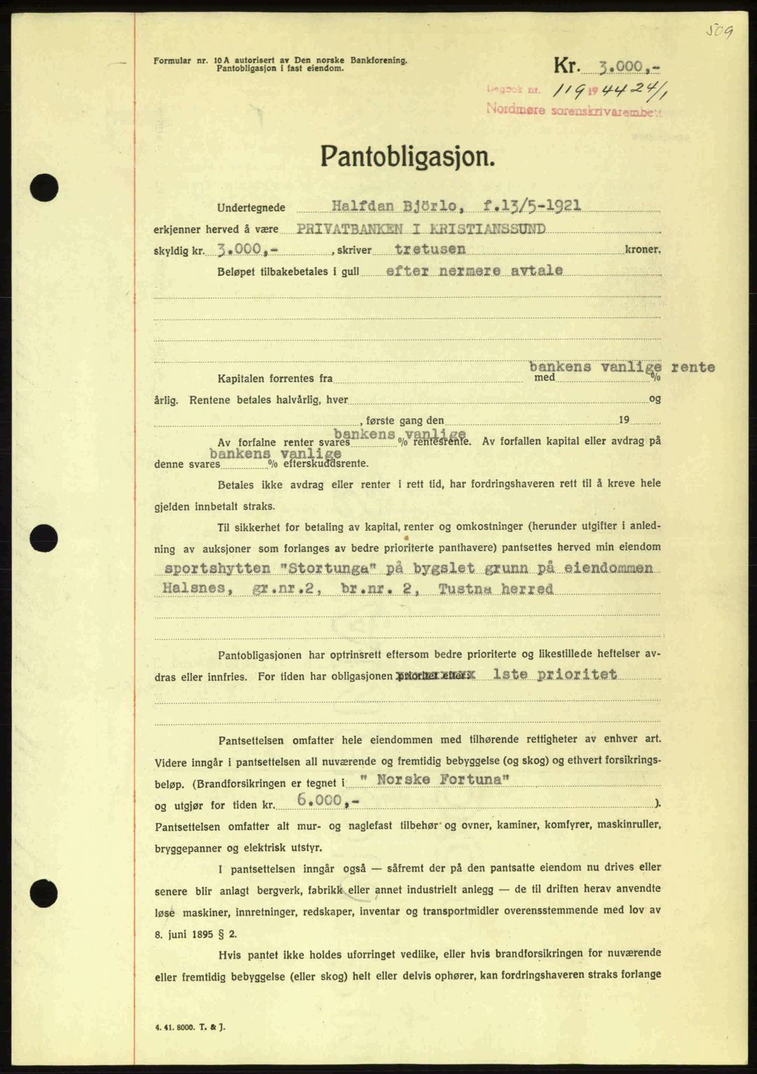 Nordmøre sorenskriveri, AV/SAT-A-4132/1/2/2Ca: Mortgage book no. B91, 1943-1944, Diary no: : 119/1944