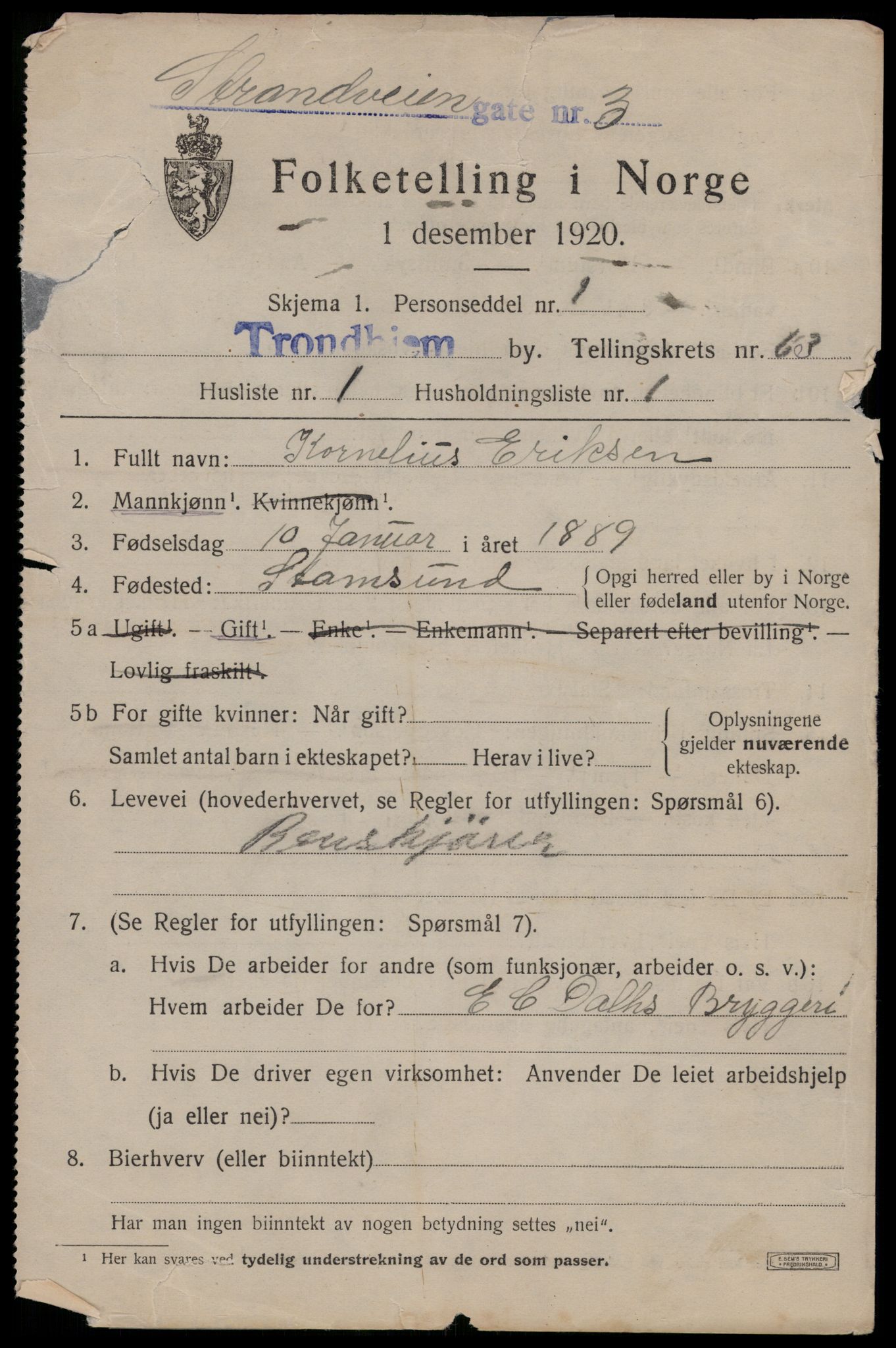 SAT, 1920 census for Trondheim, 1920, p. 125342