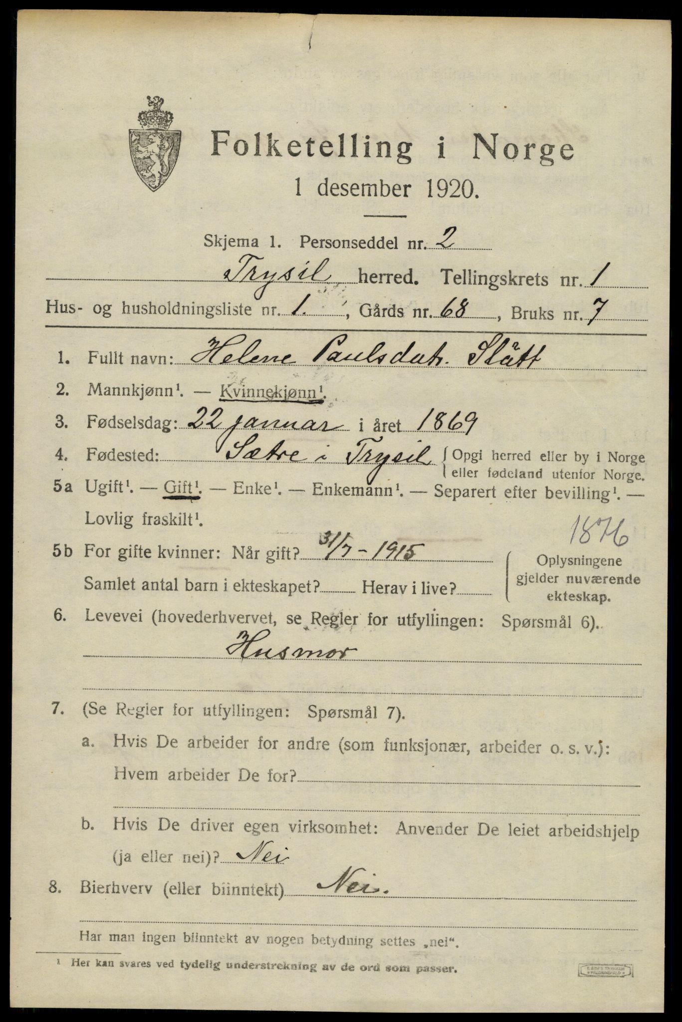 SAH, 1920 census for Trysil, 1920, p. 2539