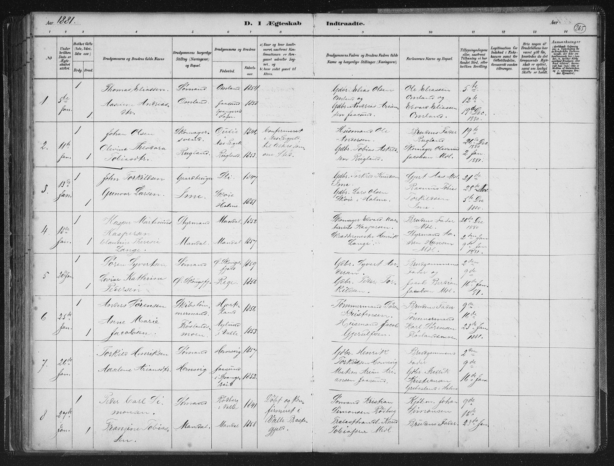 Mandal sokneprestkontor, AV/SAK-1111-0030/F/Fb/Fba/L0011: Parish register (copy) no. B 5, 1880-1898, p. 265