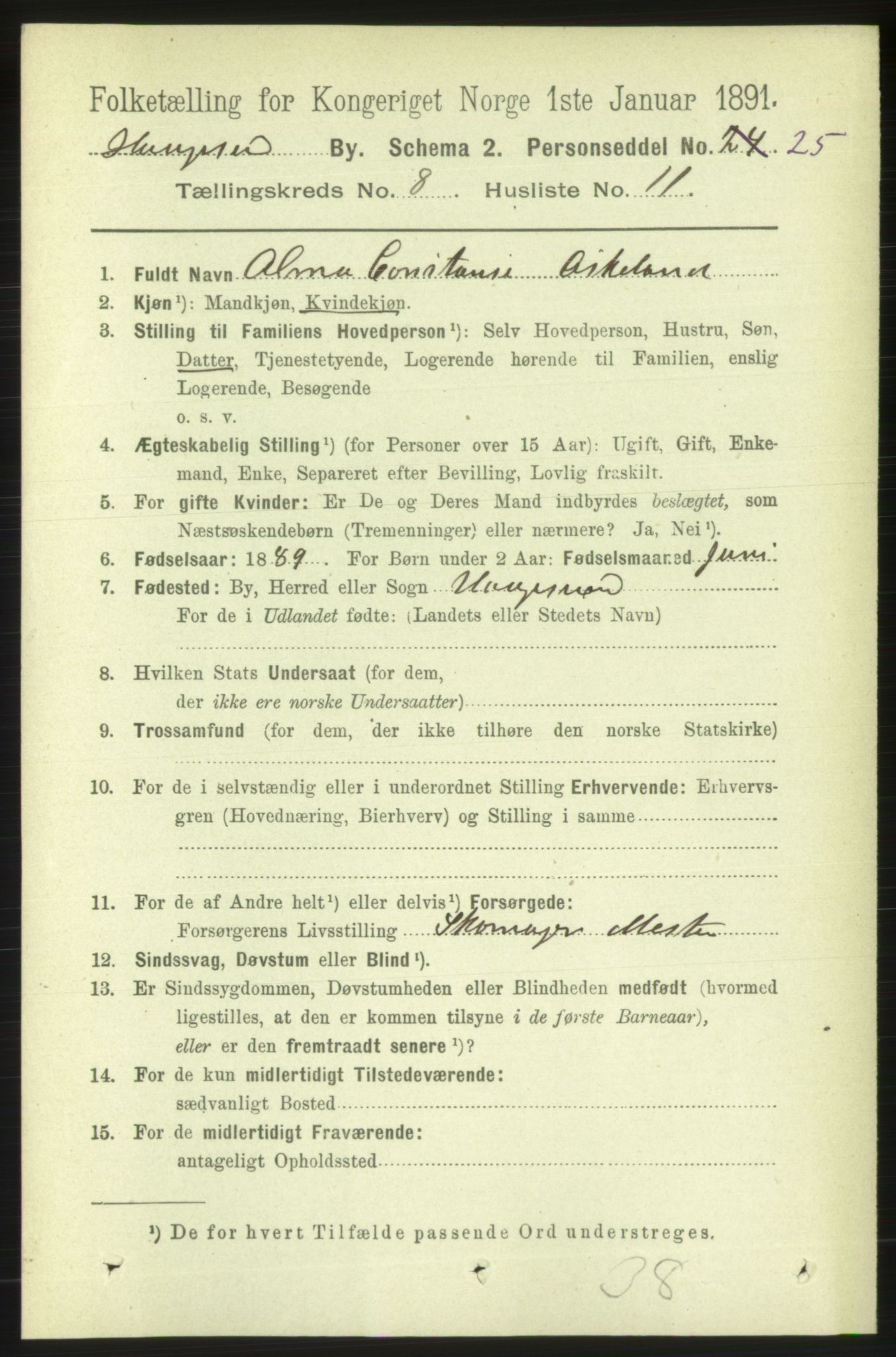 RA, 1891 census for 1106 Haugesund, 1891, p. 3705