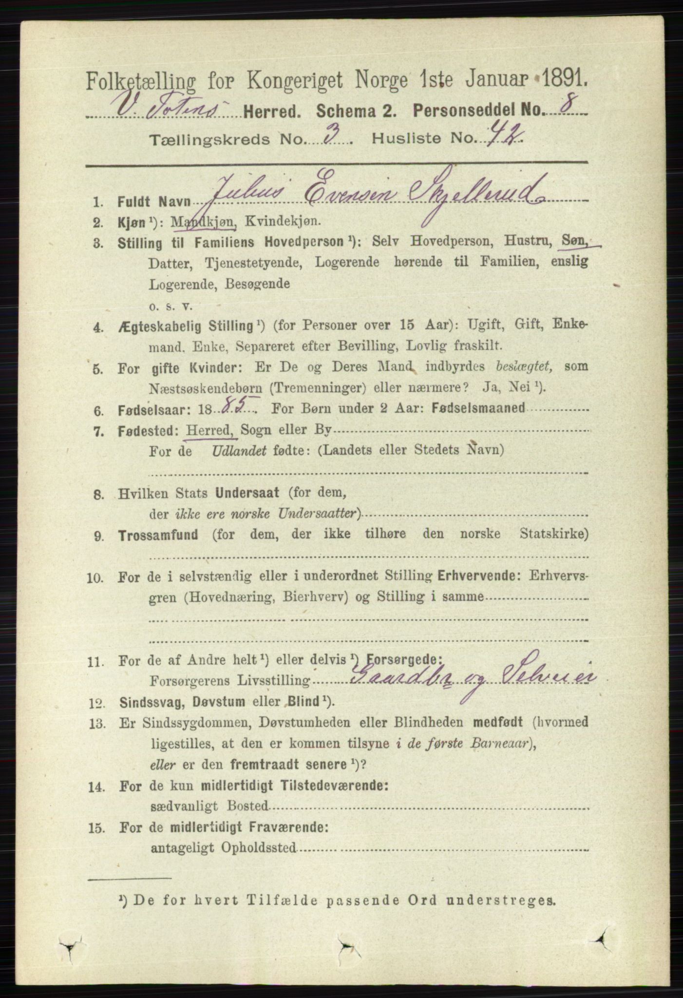 RA, 1891 census for 0529 Vestre Toten, 1891, p. 2216