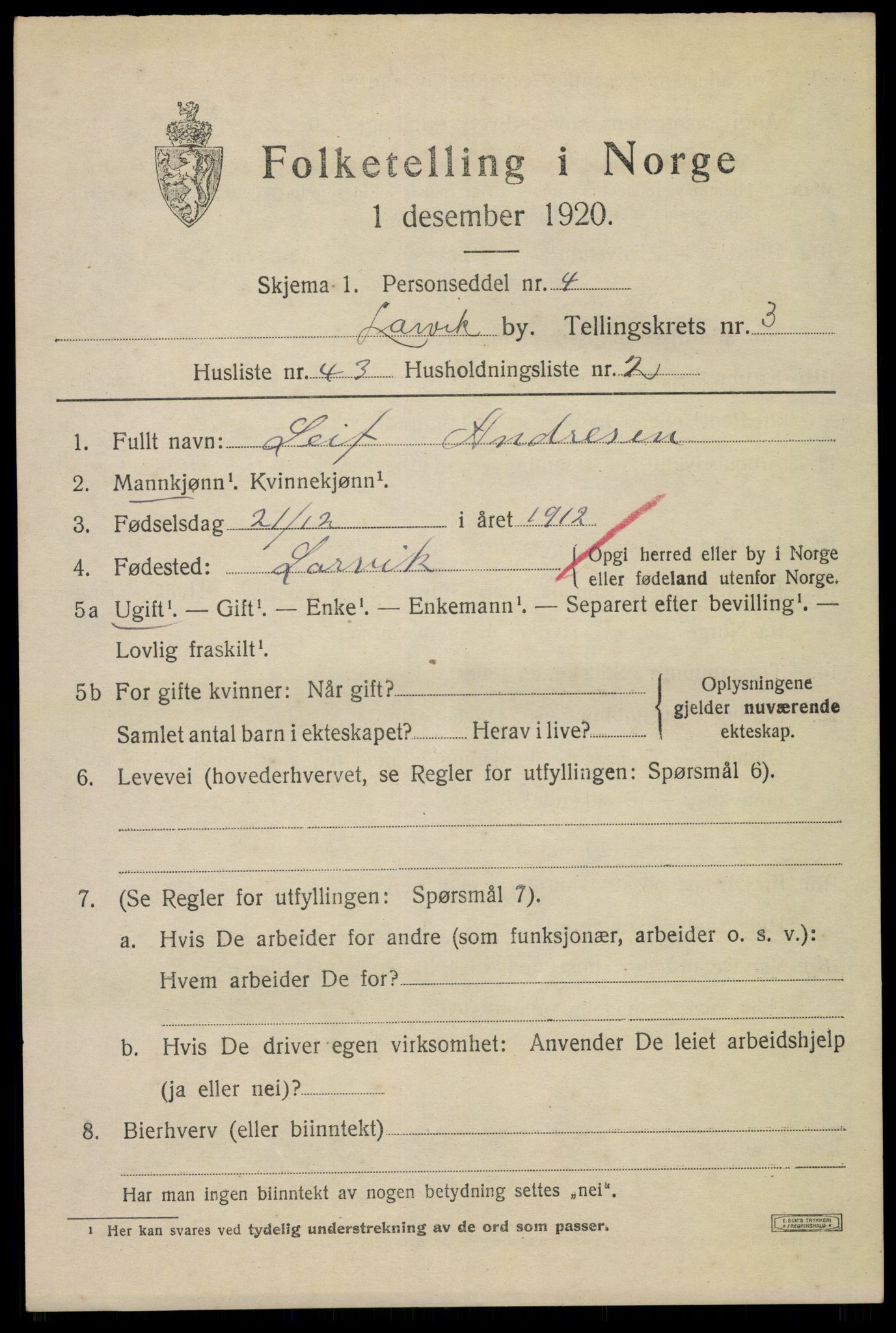 SAKO, 1920 census for Larvik, 1920, p. 13010