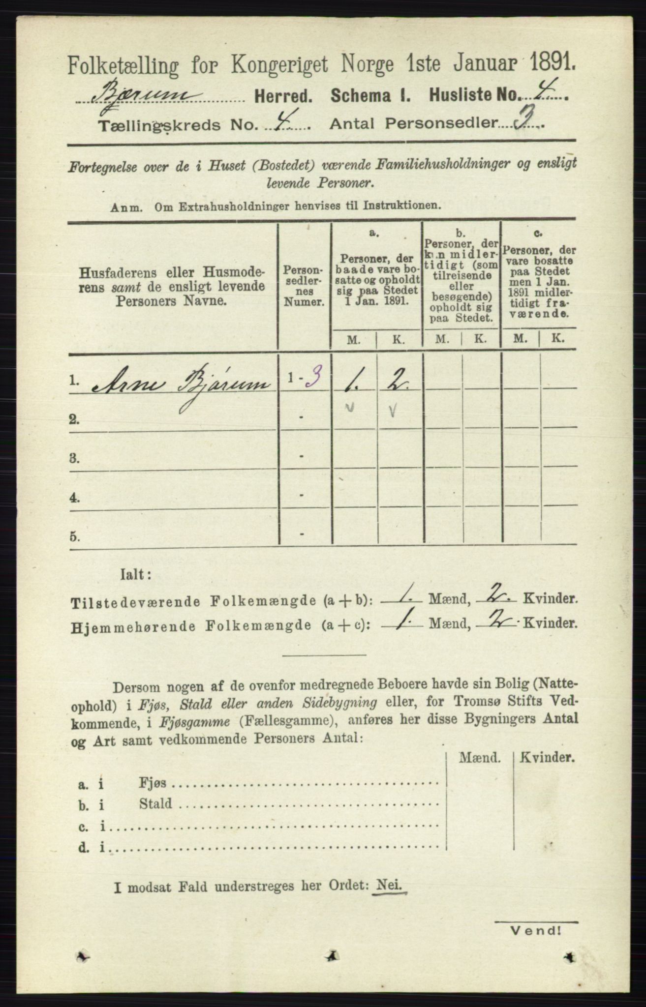 RA, 1891 census for 0219 Bærum, 1891, p. 2406