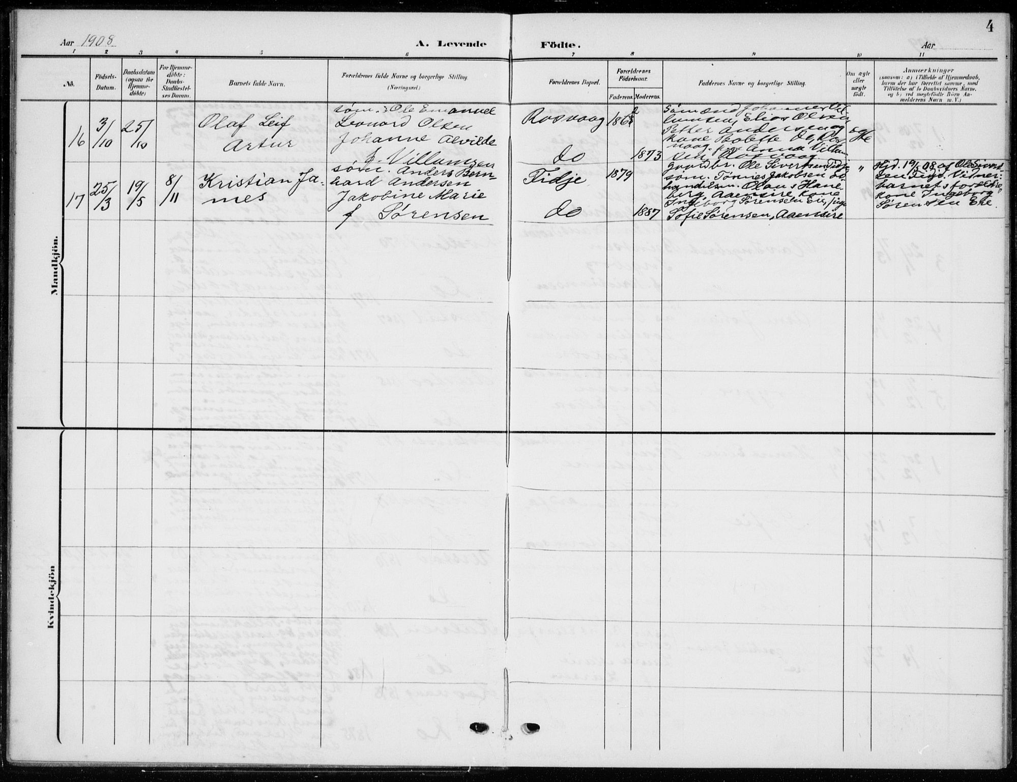 Flekkefjord sokneprestkontor, AV/SAK-1111-0012/F/Fb/Fbb/L0005: Parish register (copy) no. B 5, 1908-1927, p. 4