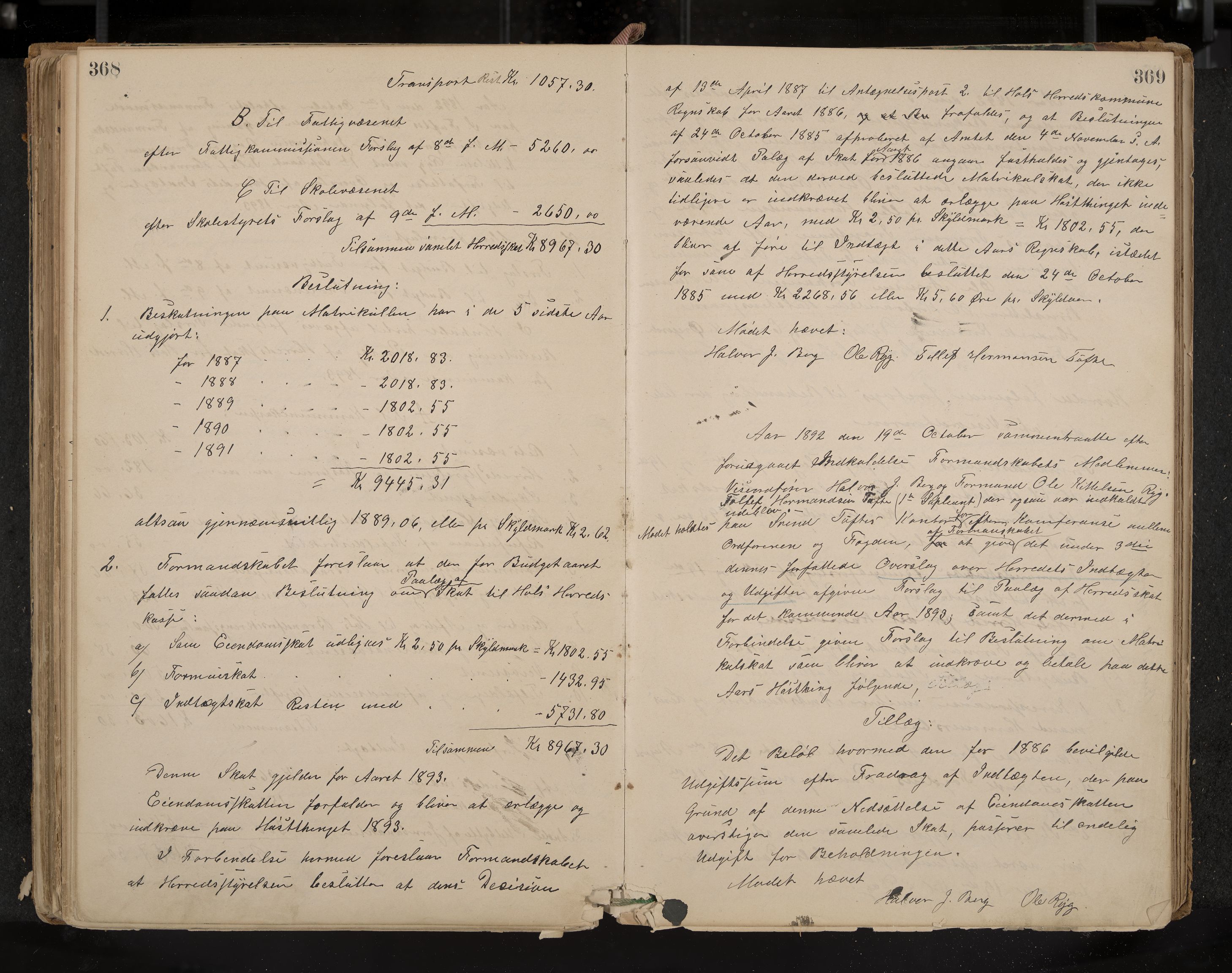 Hol formannskap og sentraladministrasjon, IKAK/0620021-1/A/L0001: Møtebok, 1877-1893, p. 368-369