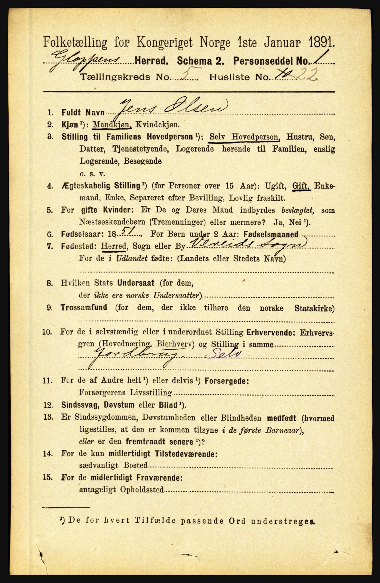 RA, 1891 census for 1445 Gloppen, 1891, p. 2195