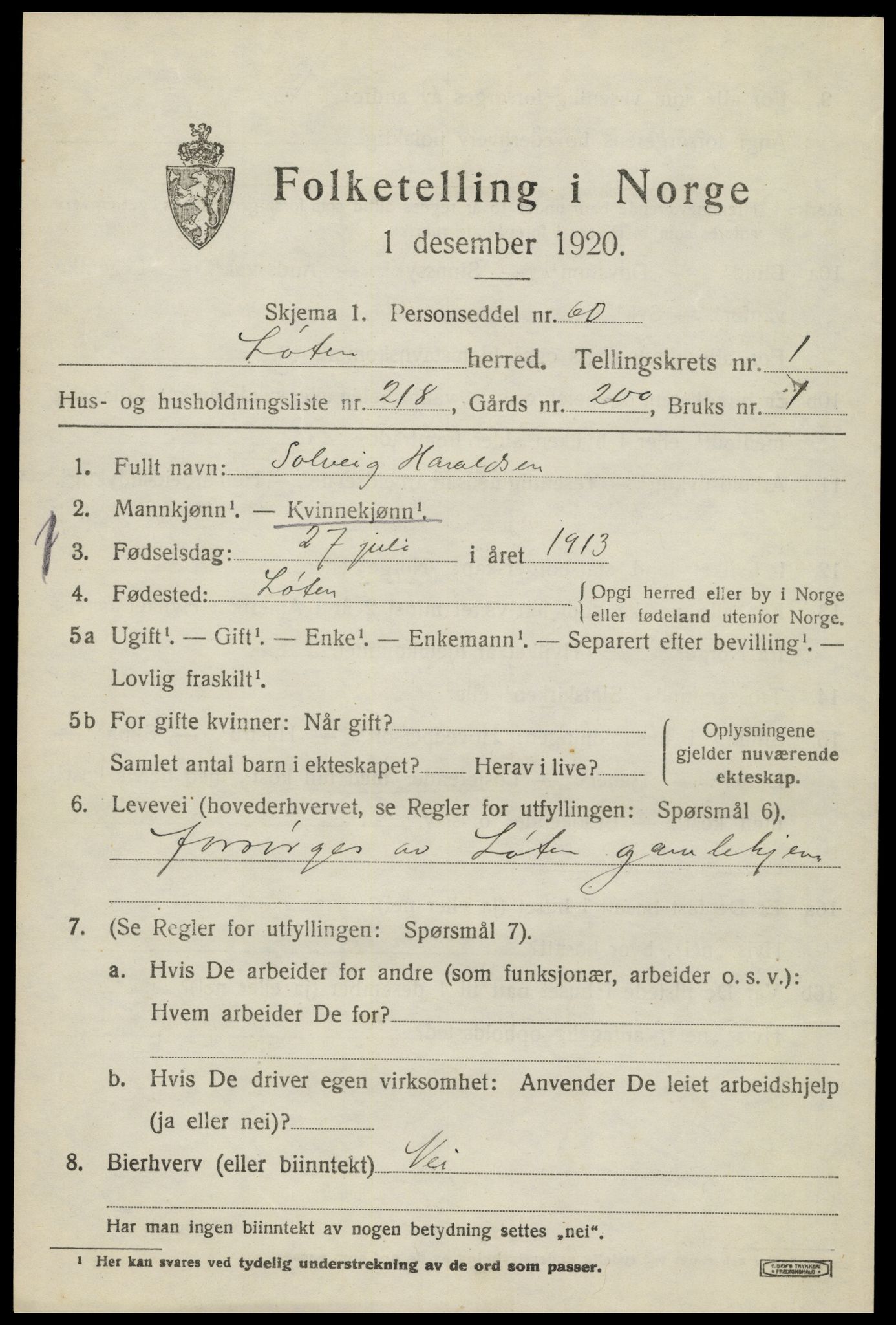 SAH, 1920 census for Løten, 1920, p. 4951