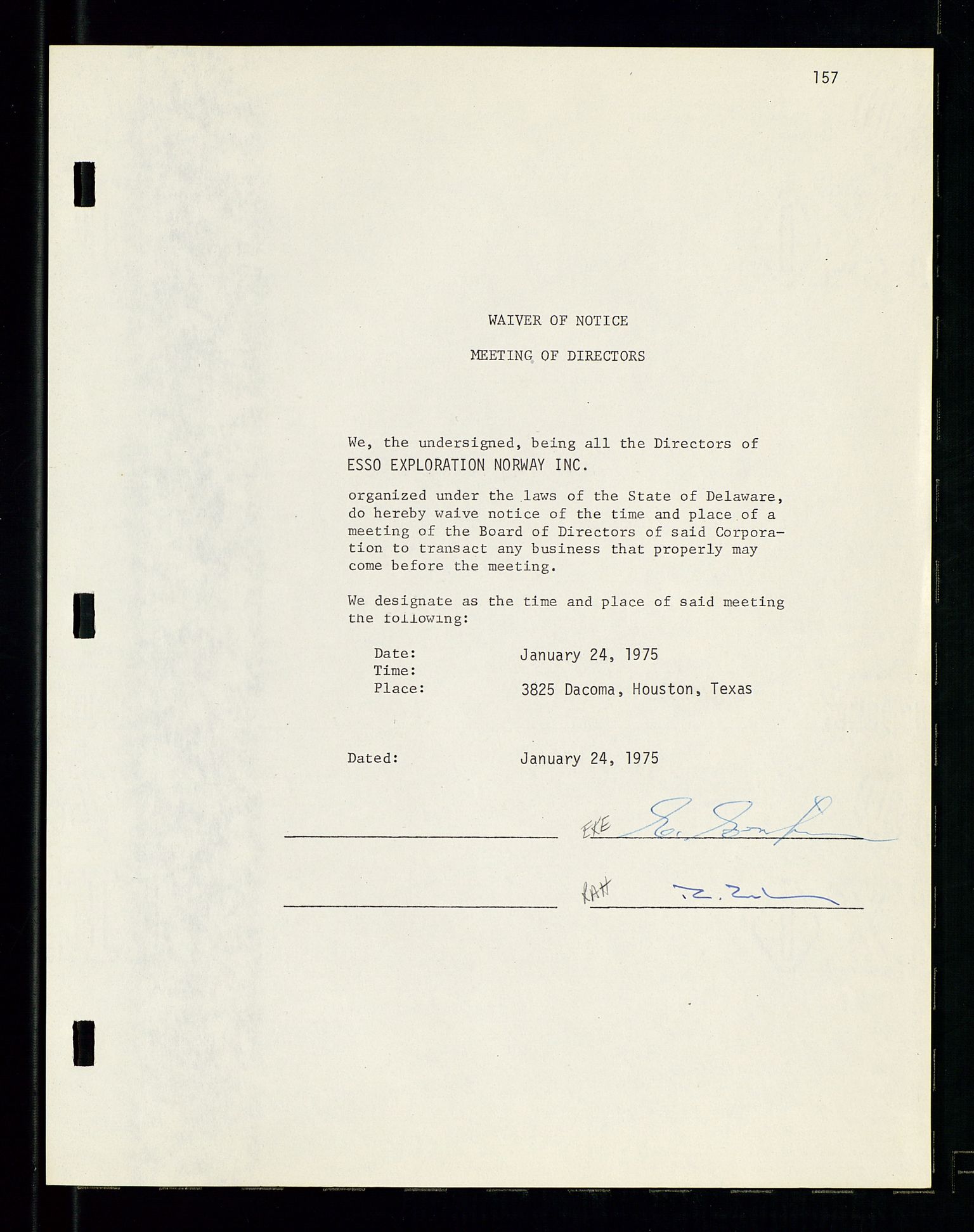 Pa 1512 - Esso Exploration and Production Norway Inc., AV/SAST-A-101917/A/Aa/L0001/0001: Styredokumenter / Corporate records, By-Laws, Board meeting minutes, Incorporations, 1965-1975, p. 157