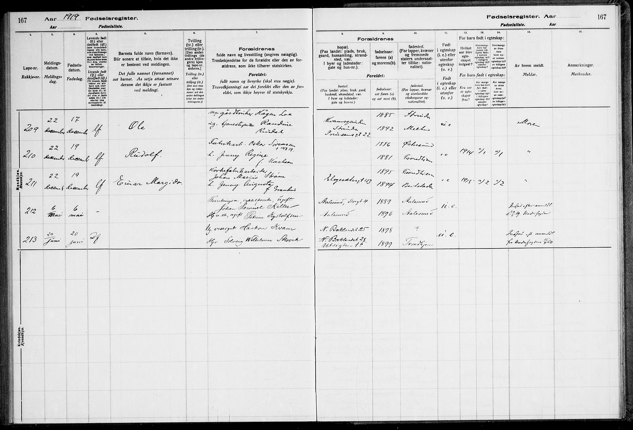 Ministerialprotokoller, klokkerbøker og fødselsregistre - Sør-Trøndelag, SAT/A-1456/600/L0002: Birth register no. 600.II.4.1, 1916-1920, p. 167