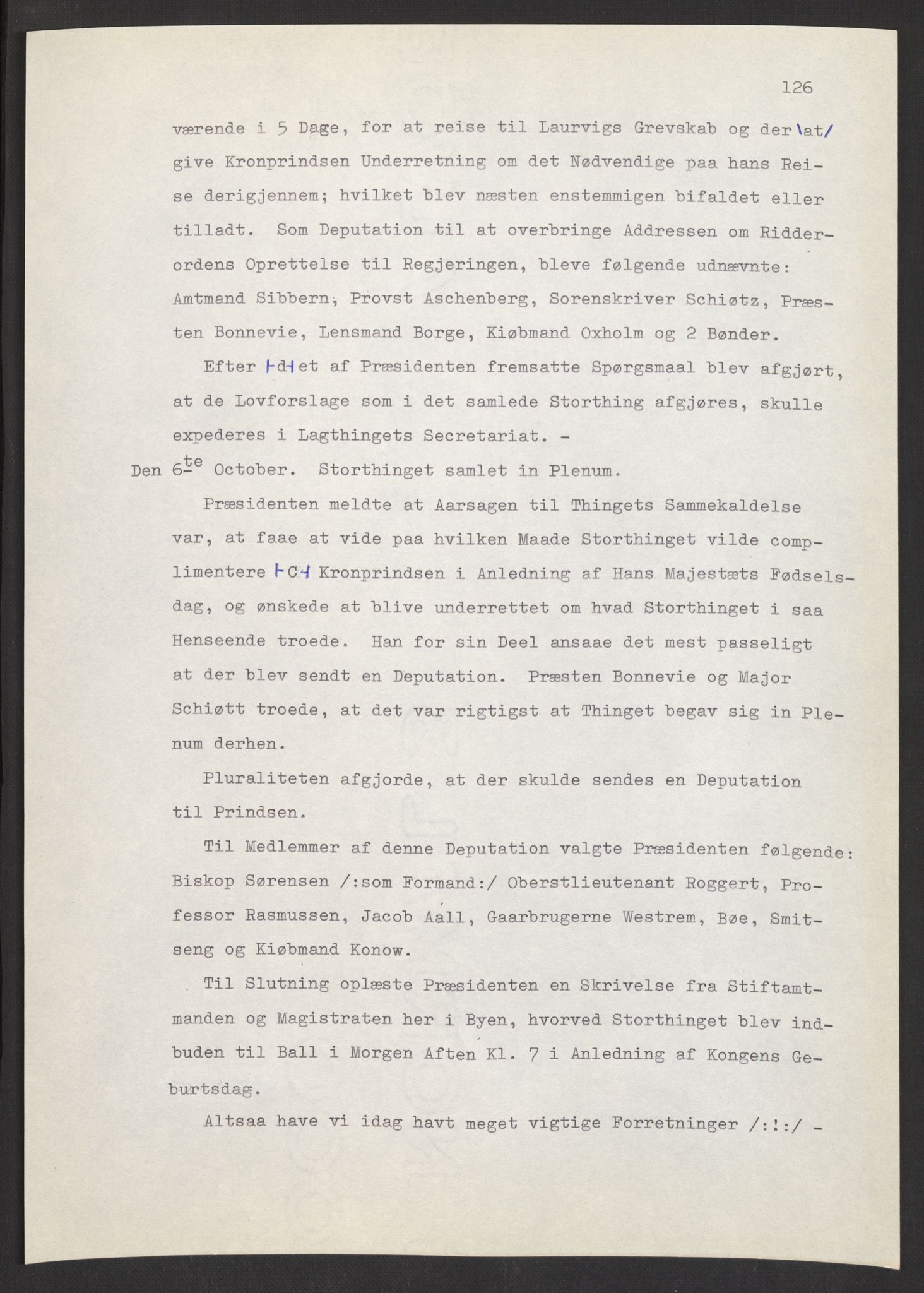 Manuskriptsamlingen, AV/RA-EA-3667/F/L0197: Wetlesen, Hans Jørgen (stortingsmann, ingeniørkaptein); Referat fra Stortinget 1815-1816, 1815-1816, p. 126