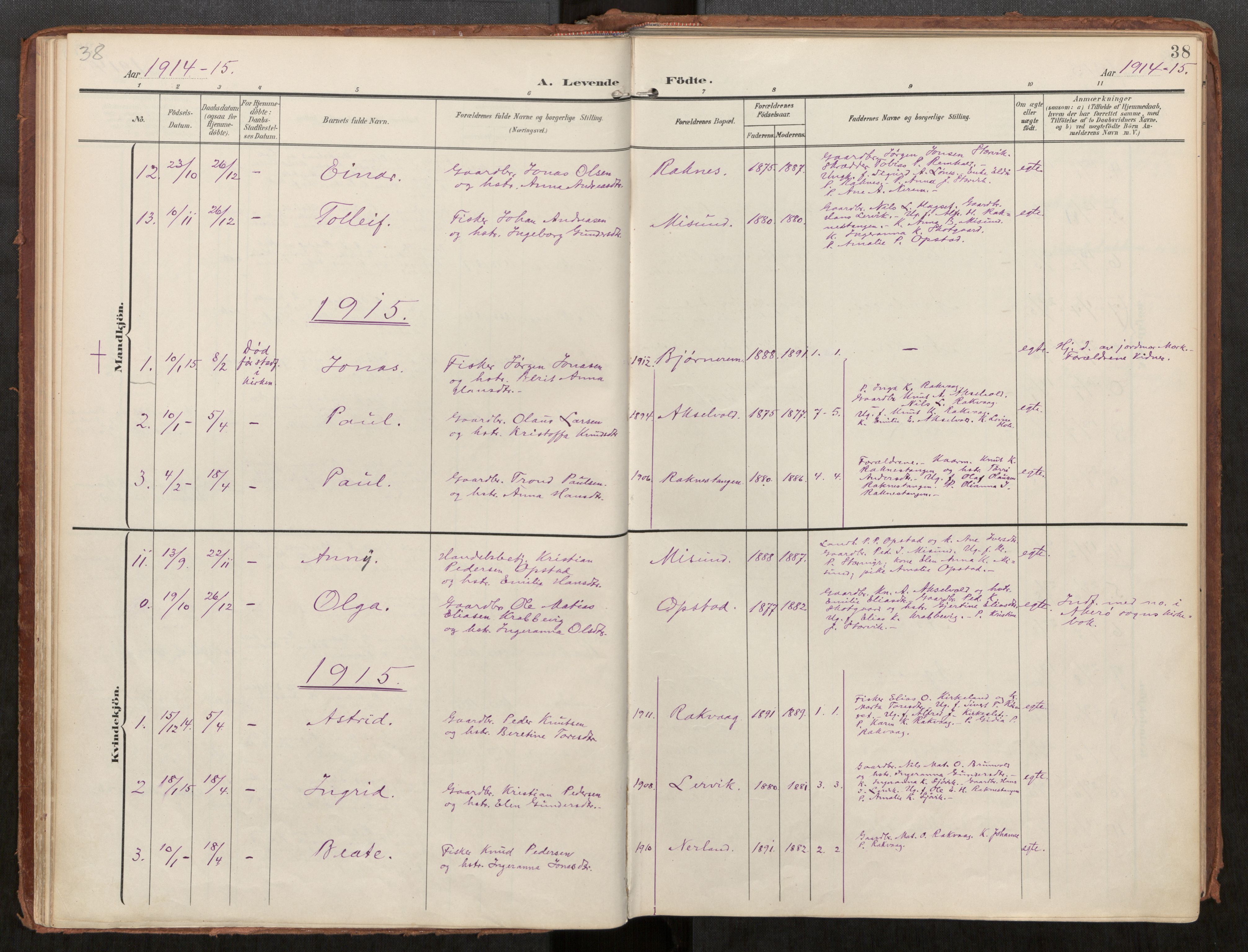 Ministerialprotokoller, klokkerbøker og fødselsregistre - Møre og Romsdal, AV/SAT-A-1454/563/L0740: Parish register (official) no. 563A02, 1903-1923, p. 38