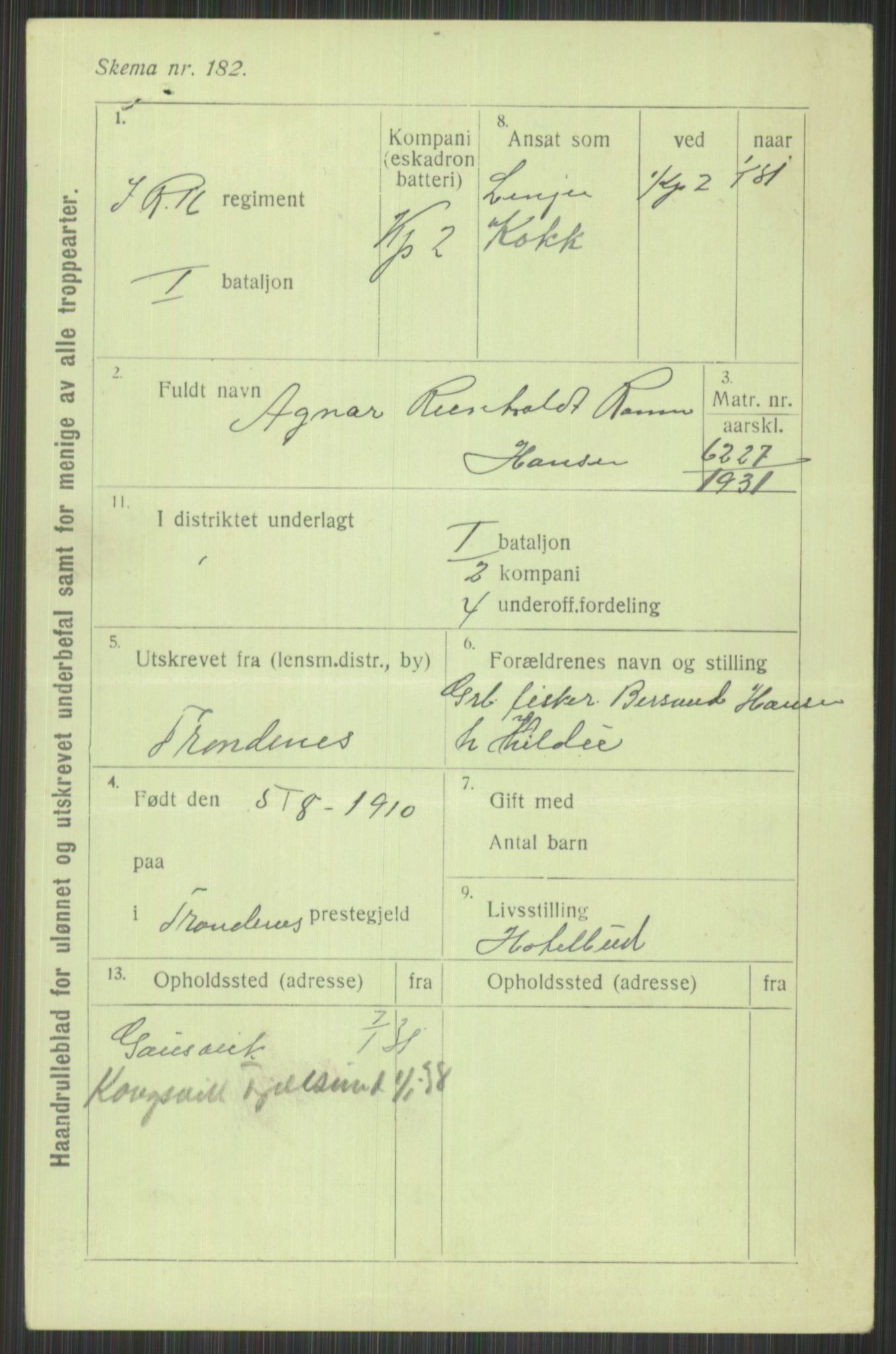 Forsvaret, Troms infanteriregiment nr. 16, AV/RA-RAFA-3146/P/Pa/L0015: Rulleblad for regimentets menige mannskaper, årsklasse 1931, 1931, p. 295