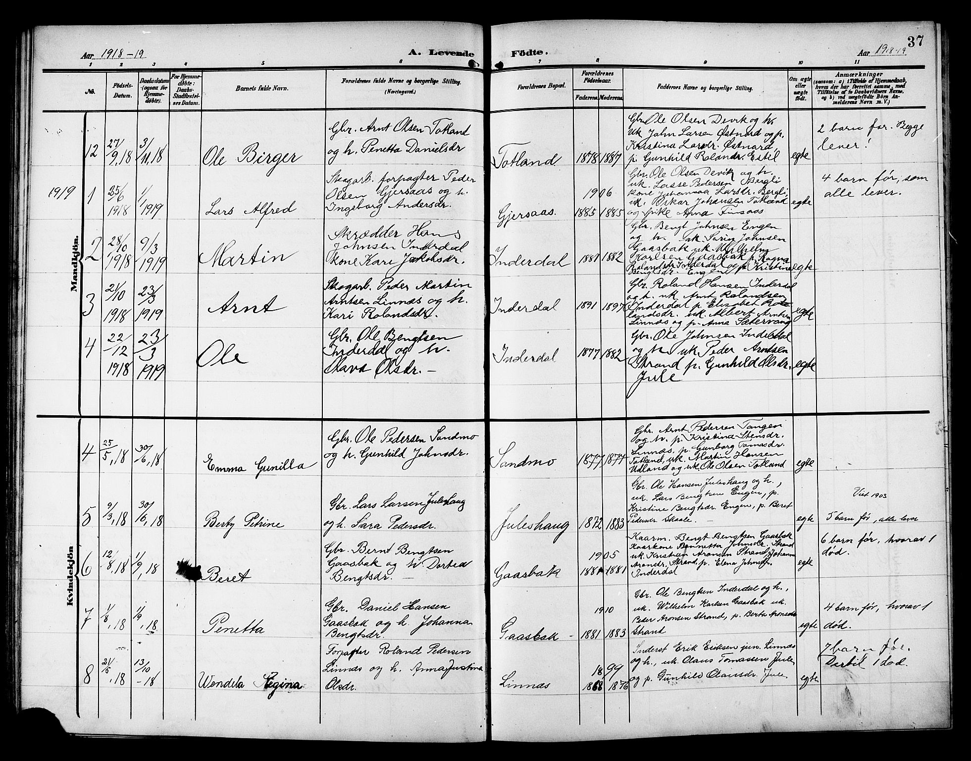 Ministerialprotokoller, klokkerbøker og fødselsregistre - Nord-Trøndelag, SAT/A-1458/757/L0506: Parish register (copy) no. 757C01, 1904-1922, p. 37