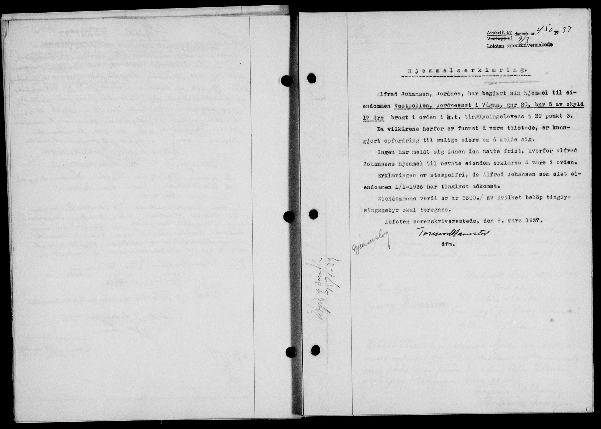 Lofoten sorenskriveri, SAT/A-0017/1/2/2C/L0002a: Mortgage book no. 2a, 1937-1937, Diary no: : 450/1937