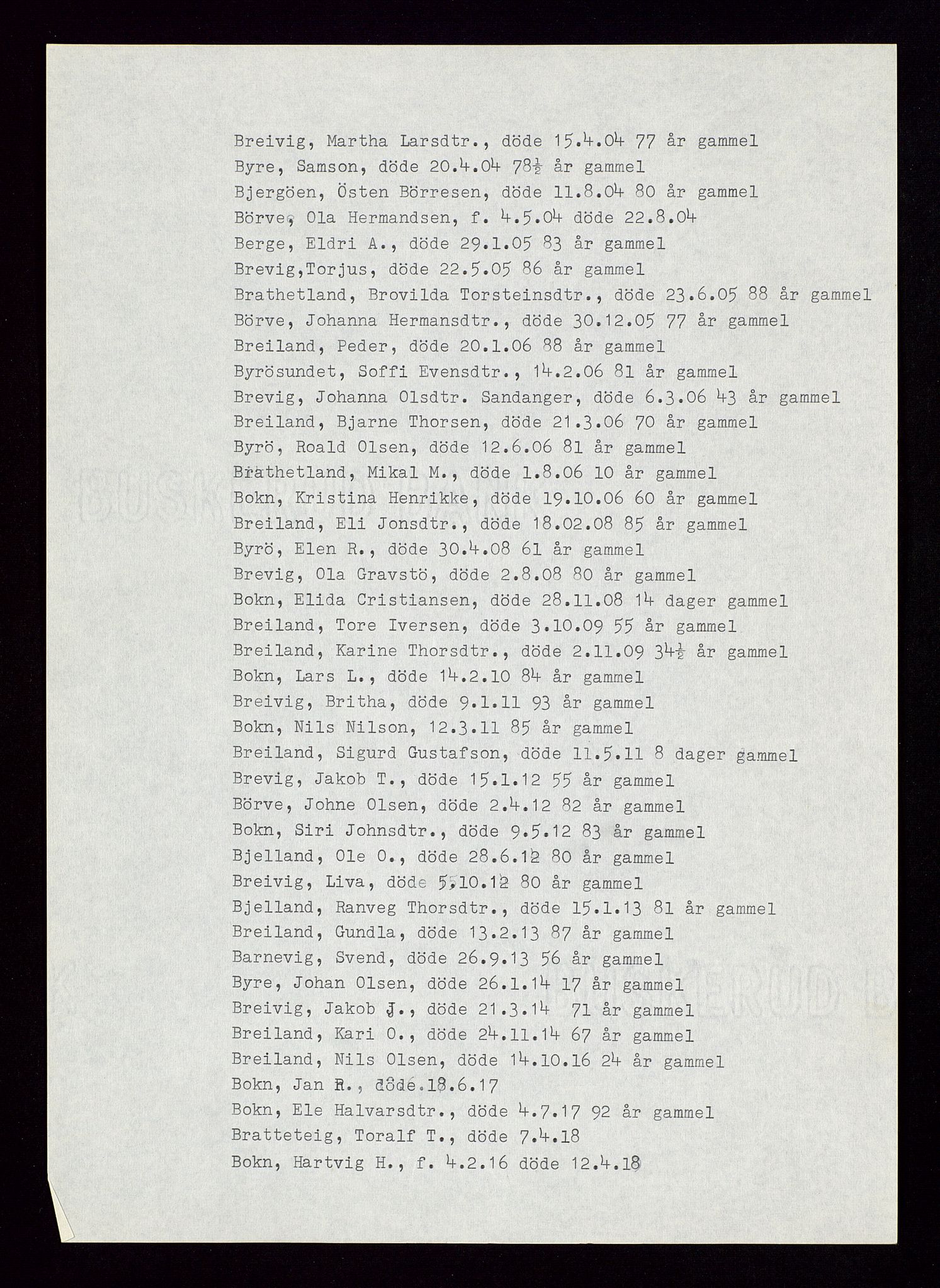 Hjelmeland lensmannskontor, AV/SAST-A-100439/Gga/L0001: "Register til dødsfallprotokollene i Hjelmeland", 1903-1962, p. 5