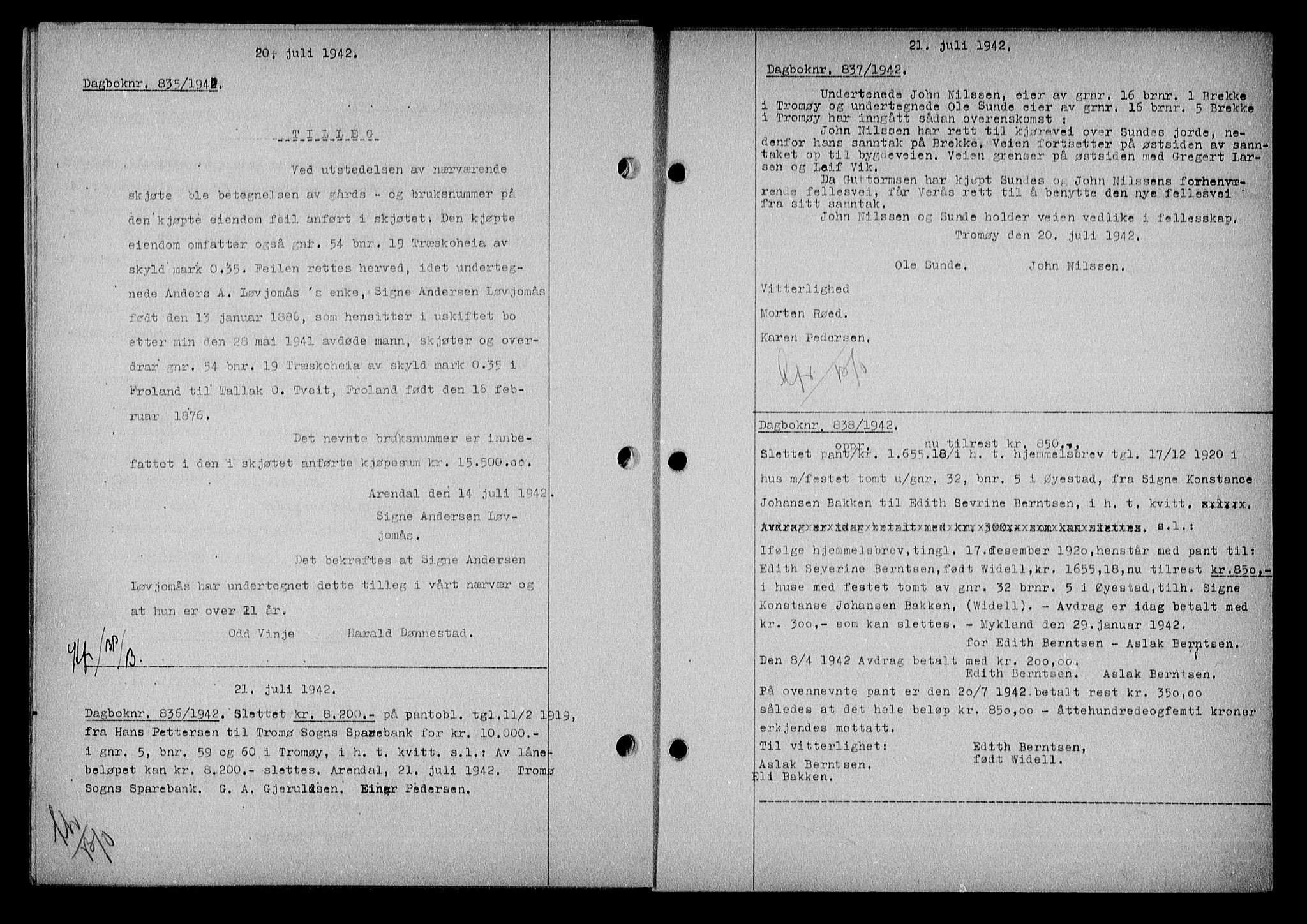 Nedenes sorenskriveri, AV/SAK-1221-0006/G/Gb/Gba/L0049: Mortgage book no. A-III, 1941-1942, Diary no: : 835/1942