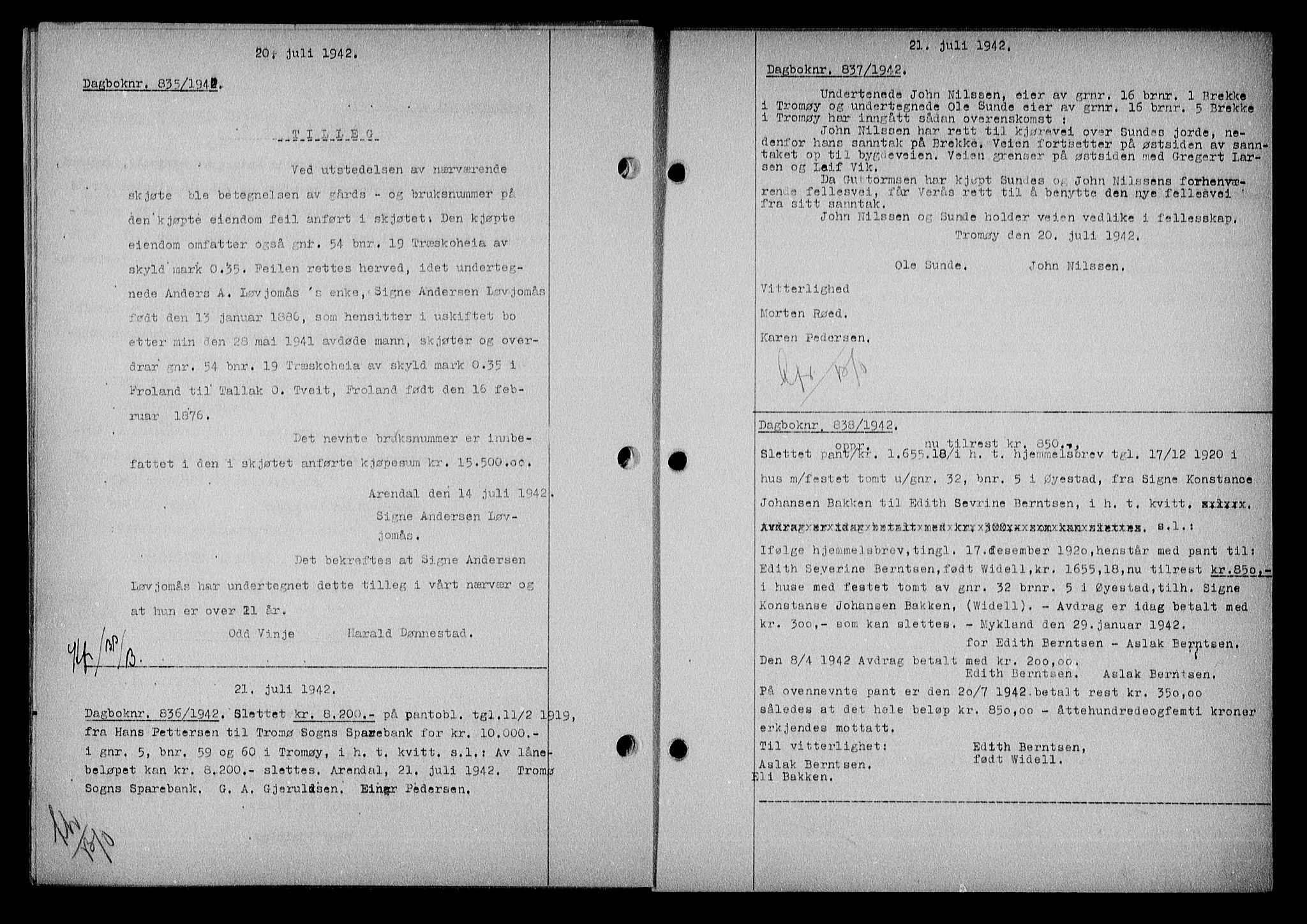 Nedenes sorenskriveri, SAK/1221-0006/G/Gb/Gba/L0049: Mortgage book no. A-III, 1941-1942, Diary no: : 835/1942